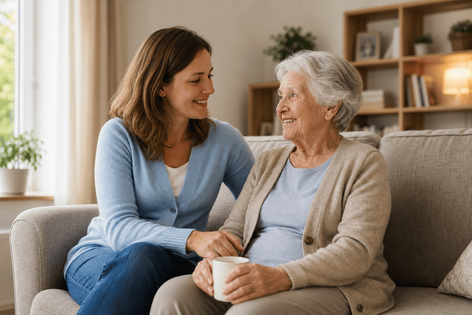 Ältere Person und Angehörige besprechen die nächsten Schritte zu Hause