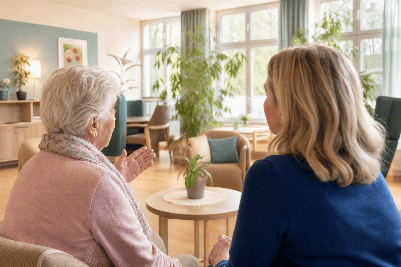 Ältere Person und Angehörige bei einer ruhigen Besichtigung einer Pflegeeinrichtung.