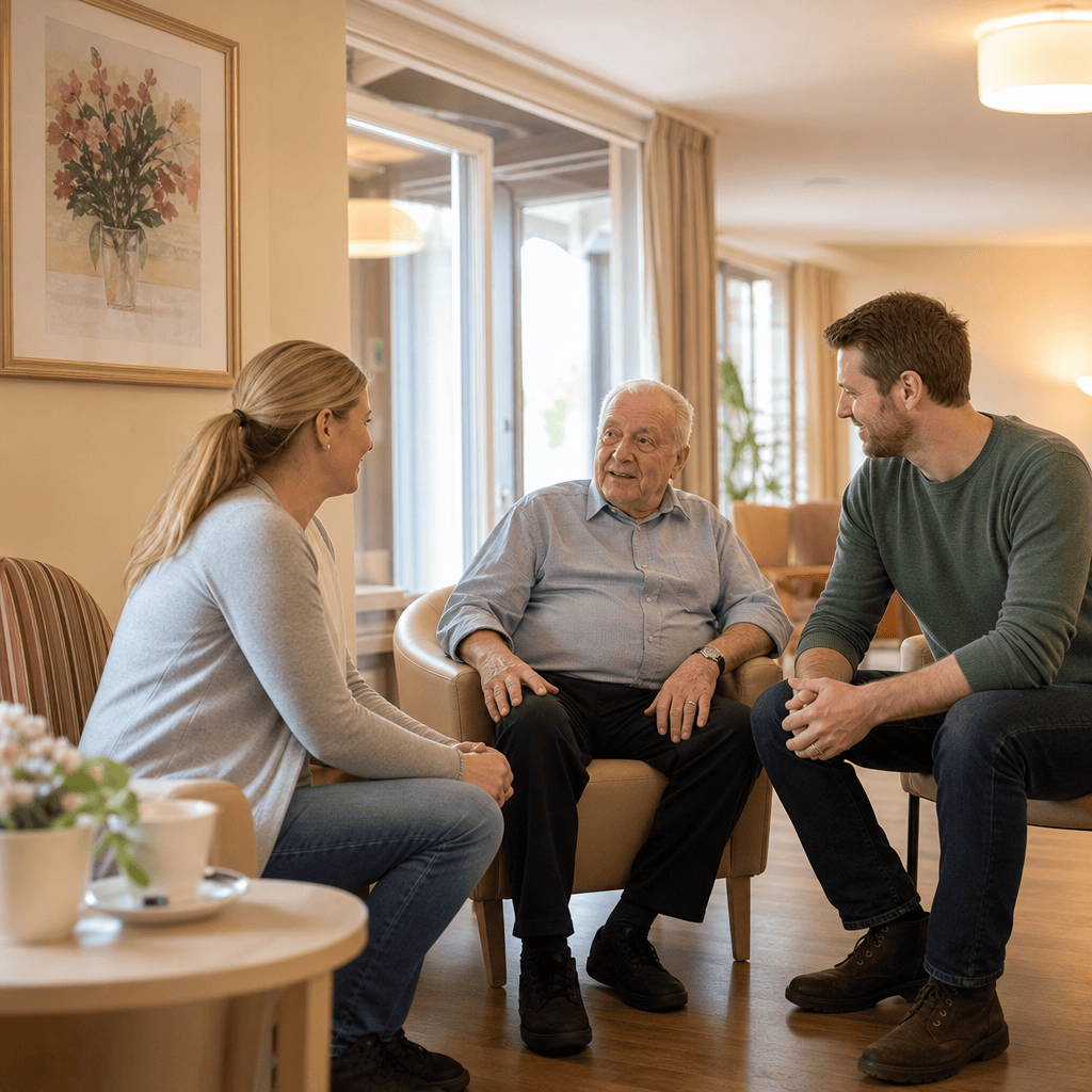 Angehörige und älterer Mann bei einer ruhigen Besichtigung einer Pflegeeinrichtung