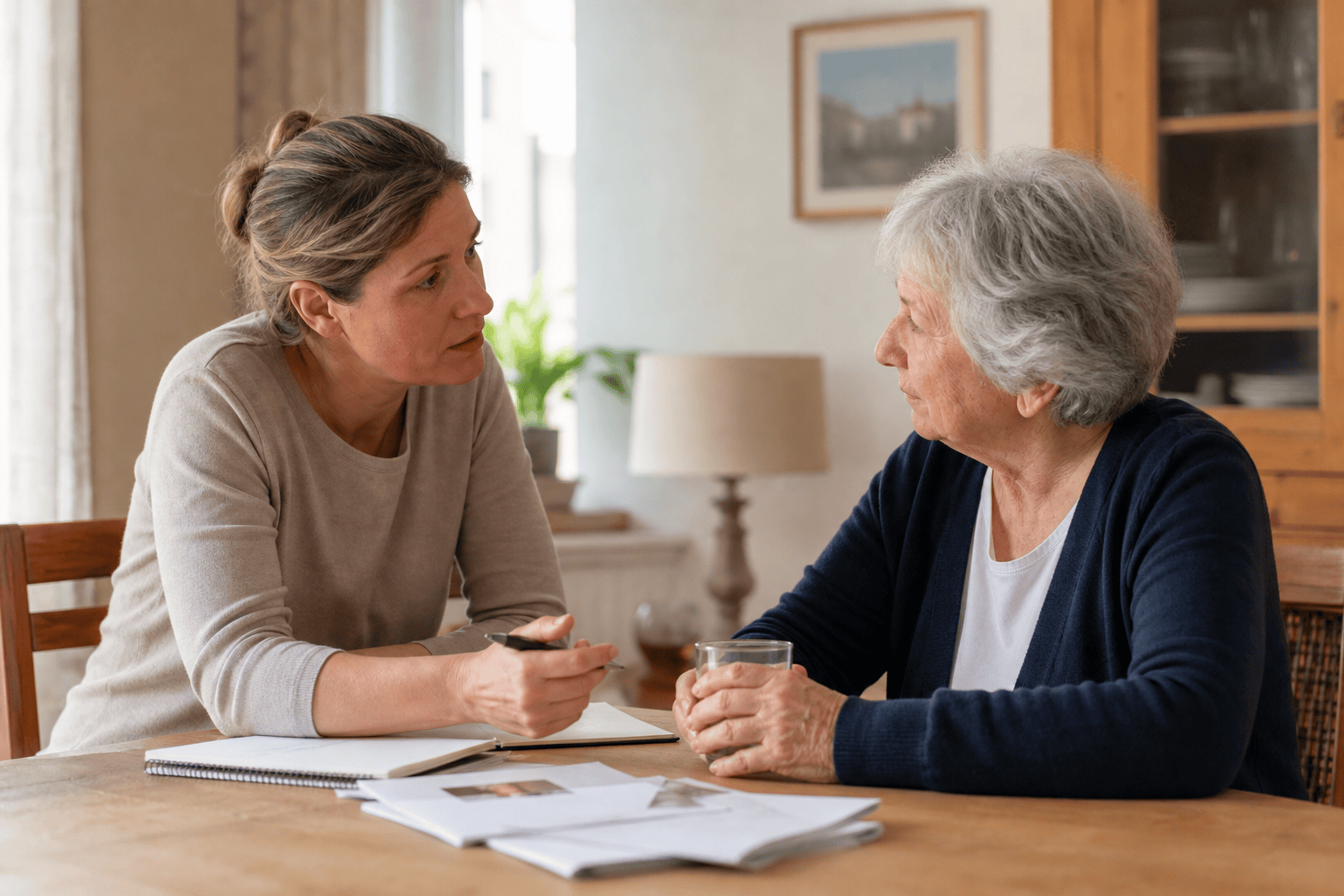 Angehörige und ältere Person besprechen gemeinsam mögliche Versorgungsschritte.