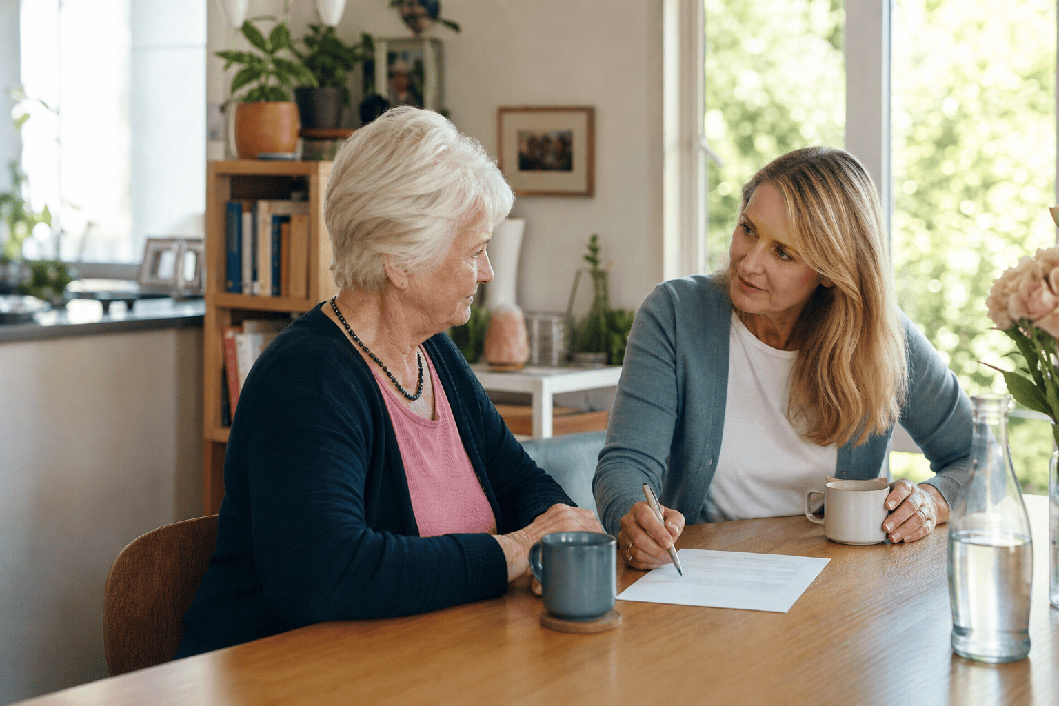 Angehörige besprechen mit einer älteren Person persönliche Anforderungen an ein Pflegeheim.