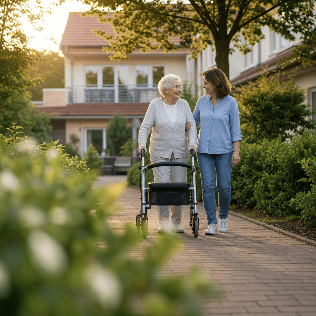 Ältere Person und Begleitperson auf einem übersichtlichen Gartenweg.