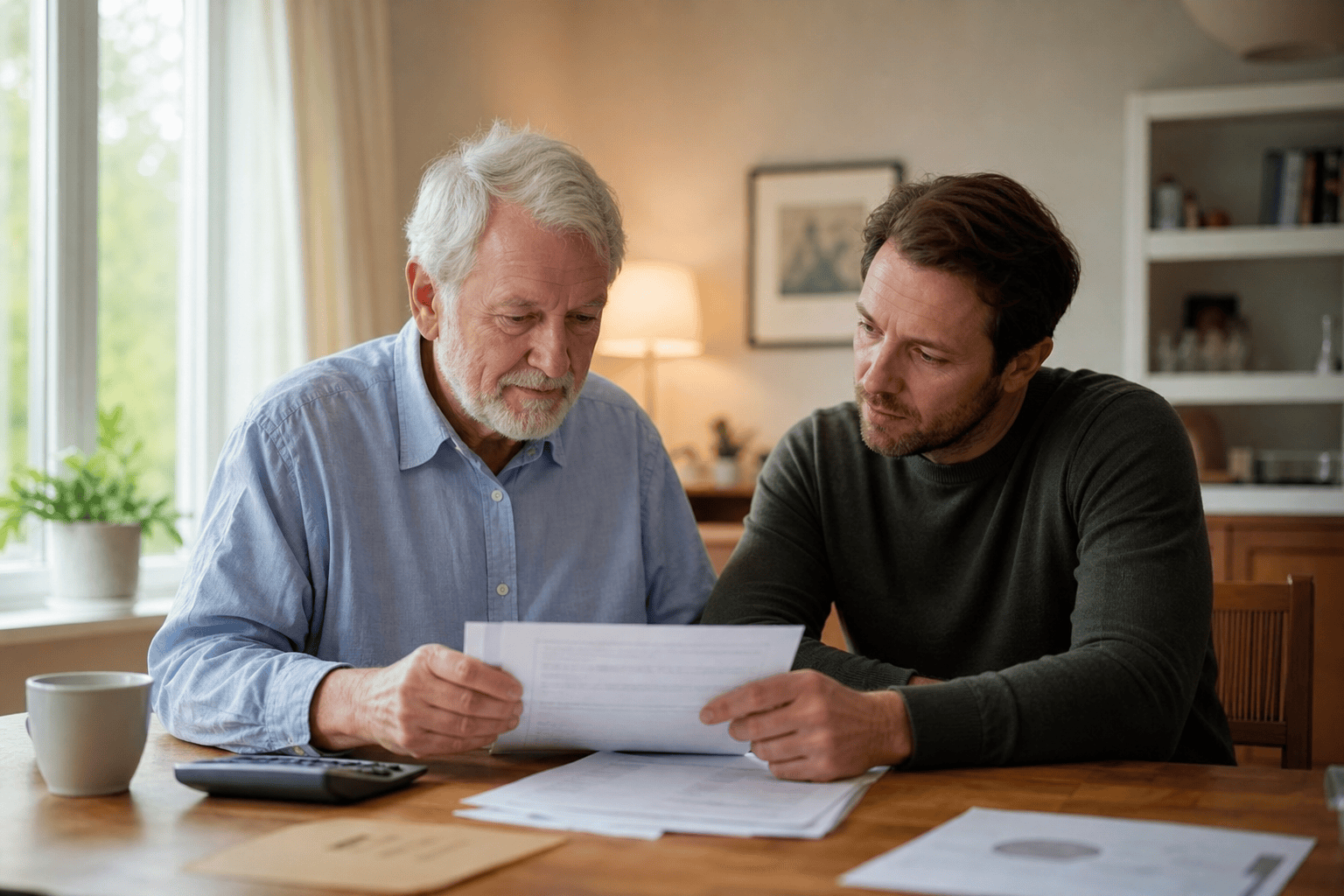 Älterer Mensch und Angehörige besprechen die Finanzierung einer Pflegeheimunterbringung.