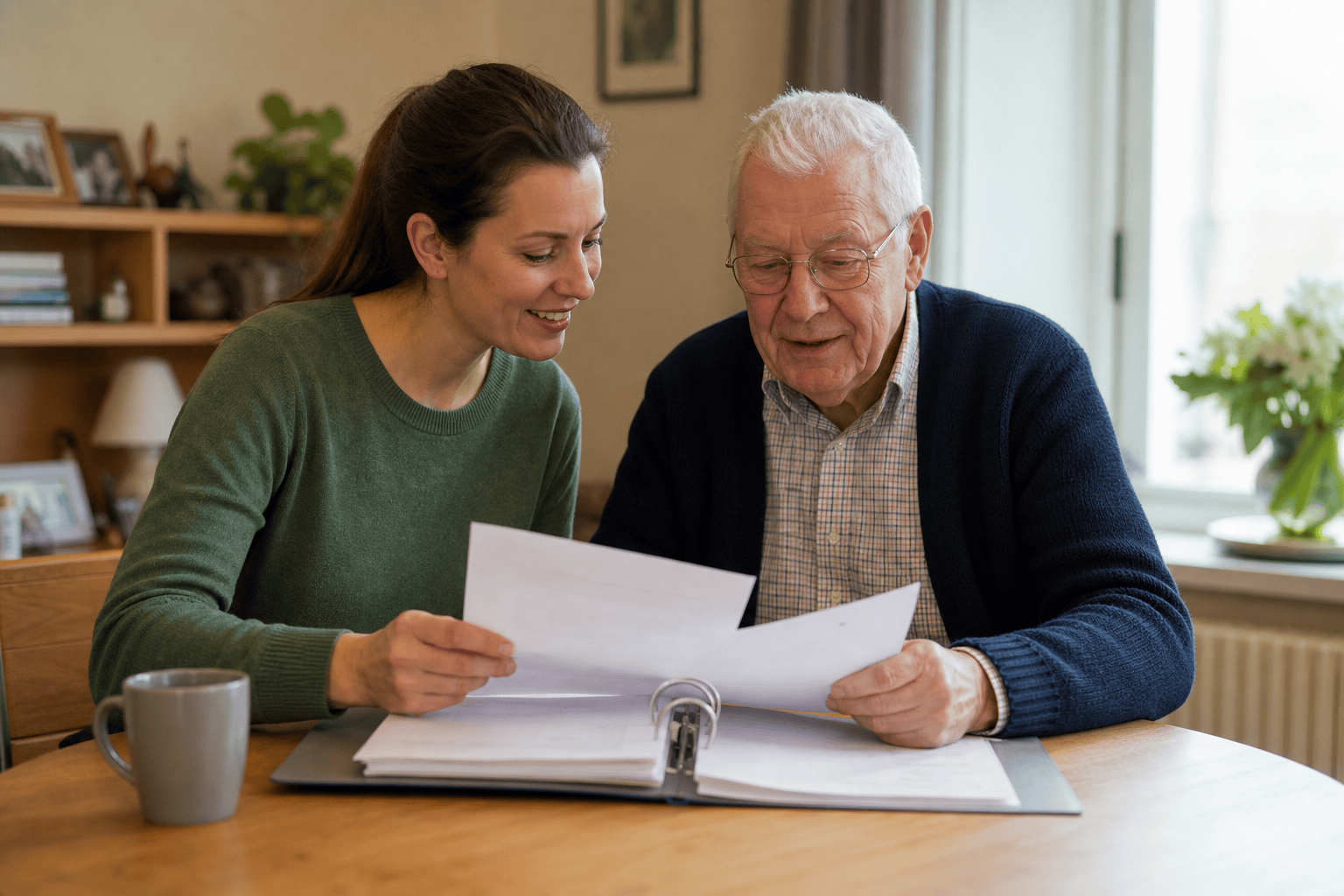 Angehörige ordnen gemeinsam Unterlagen zu Heimkosten