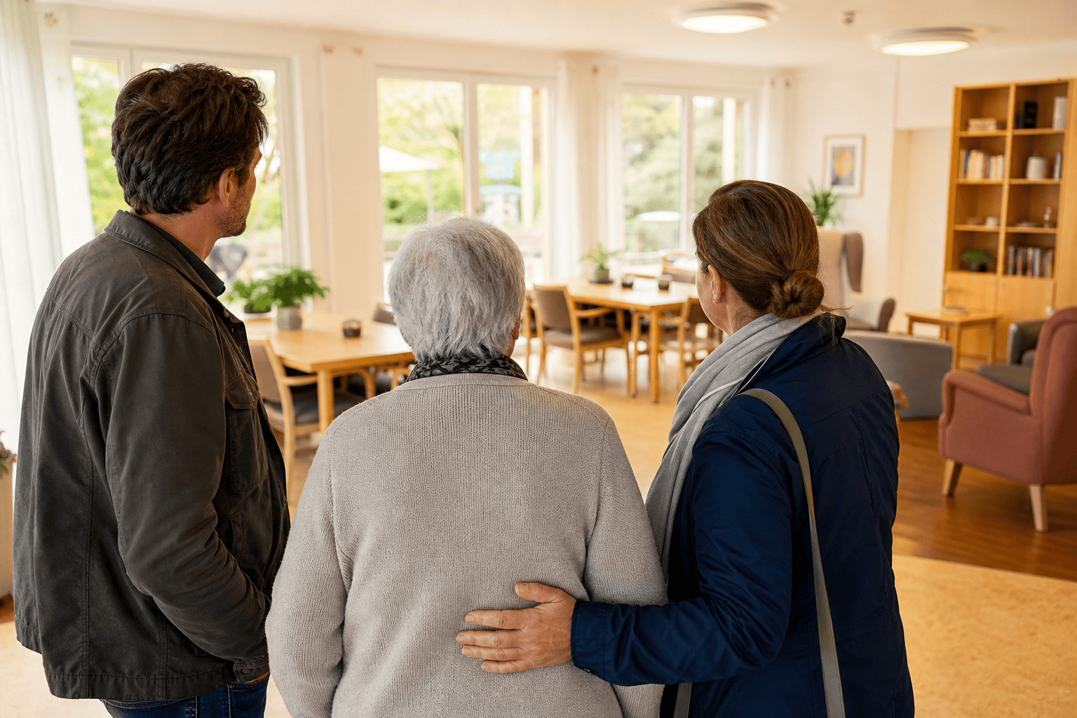 Angehörige und älterer Mensch bei einer Pflegeheimbesichtigung