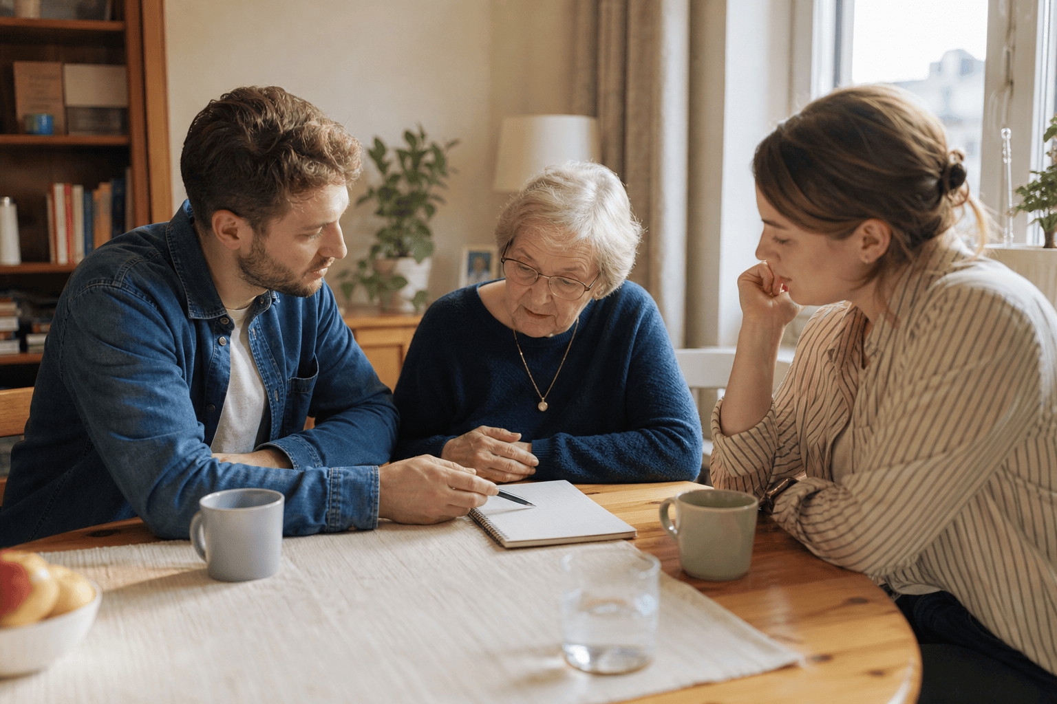 Angehörige und älterer Mensch besprechen eine Übergangslösung