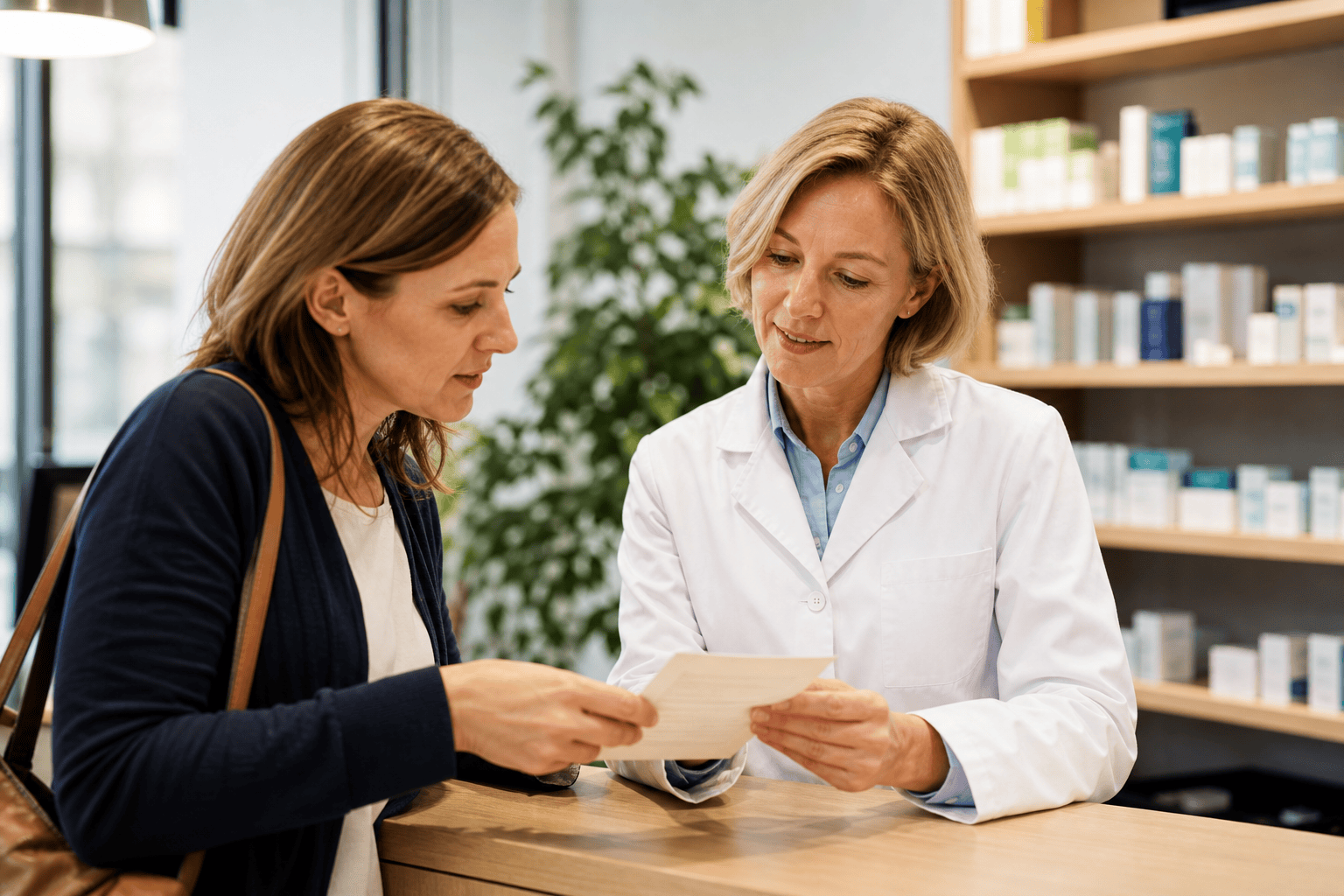 Angehörige klärt den Bezugsweg für Pflegehilfsmittel in einer Apotheke