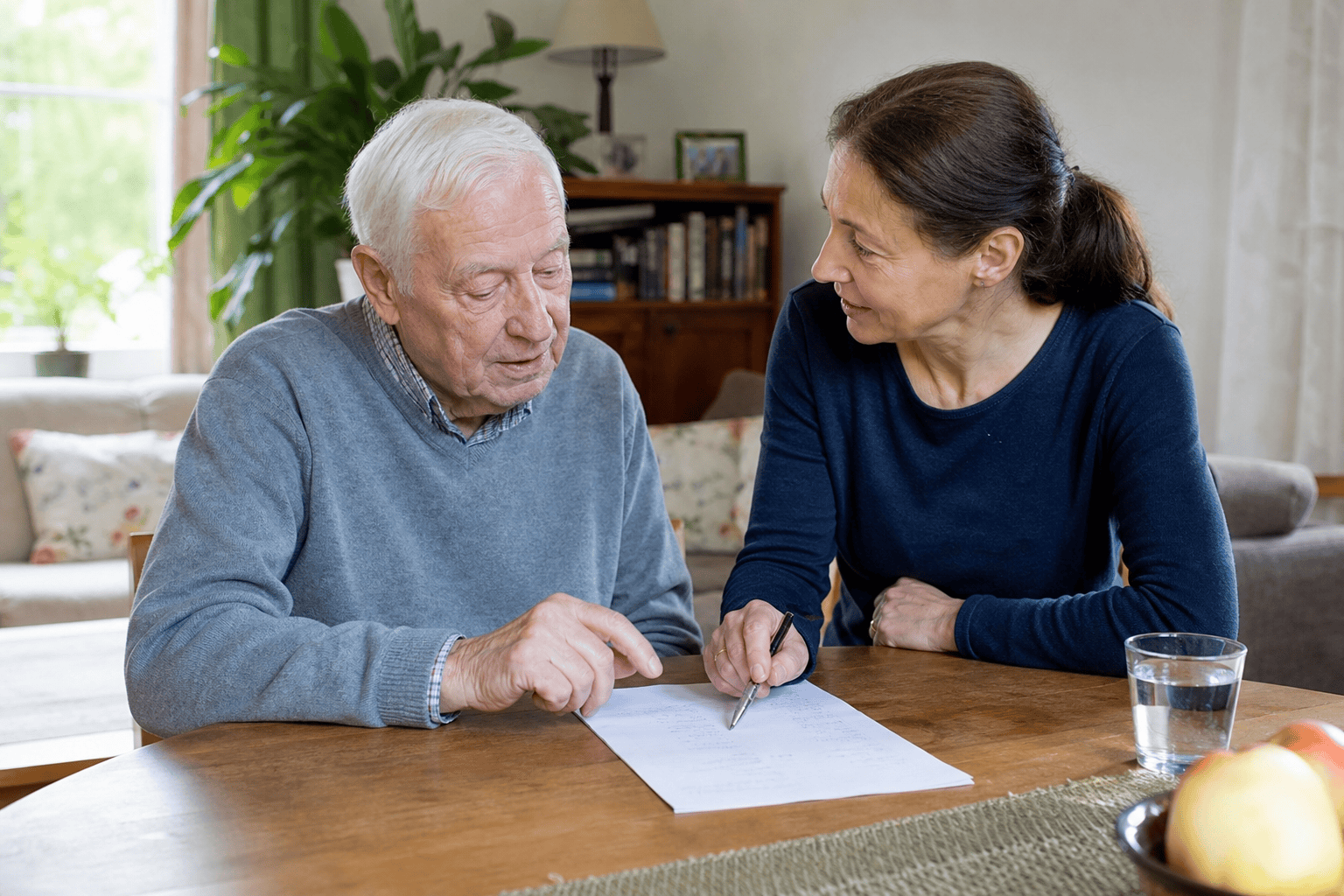 Ältere Person und Angehörige prüfen gemeinsam den Bedarf an Pflegehilfsmitteln.