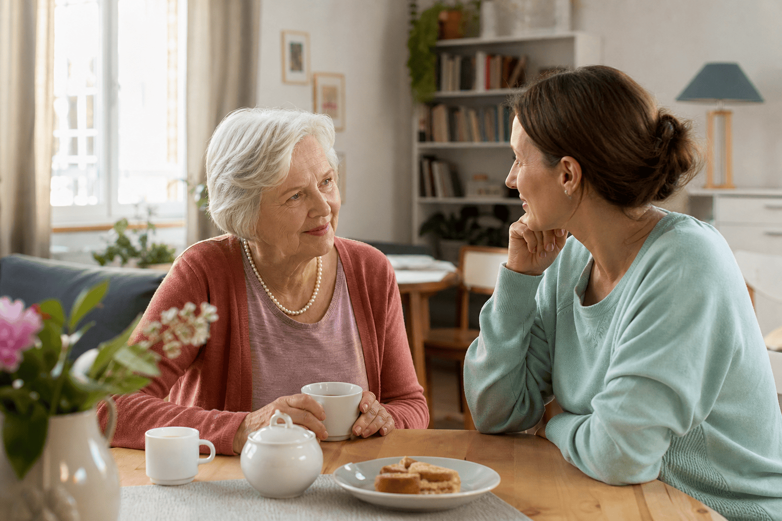 Ältere Frau und Angehörige im Gespräch über passende Pflegeformen