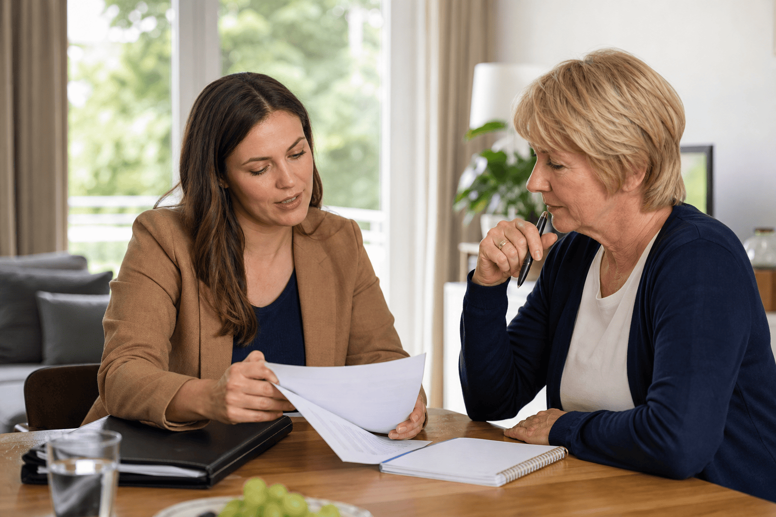 Zwei Personen prüfen Vertragsunterlagen zu einer Pflegeimmobilie