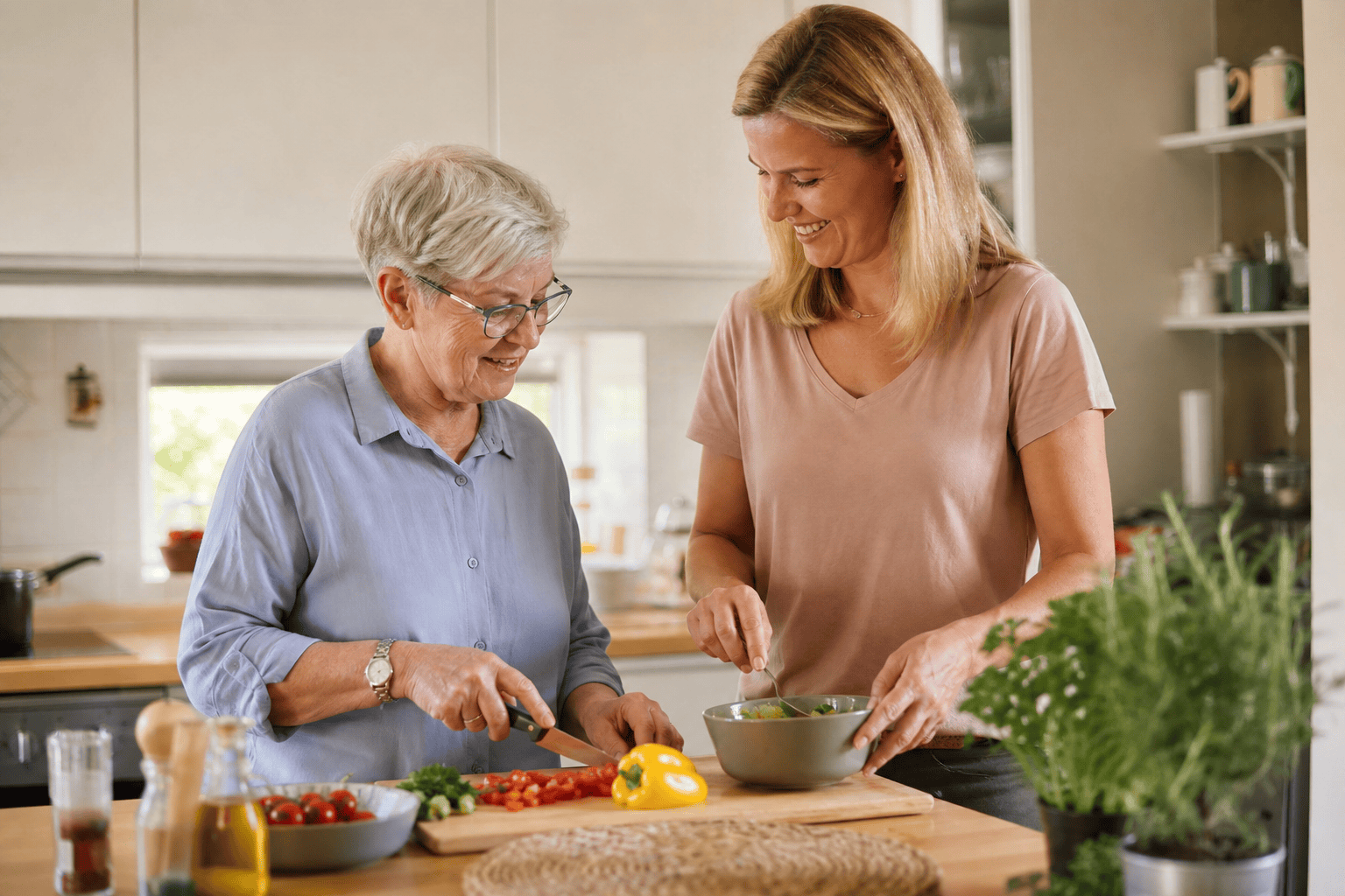Ältere Person und Betreuungskraft bereiten gemeinsam eine Mahlzeit zu