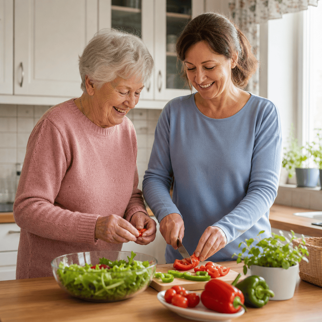 Ältere Person und Betreuungskraft bereiten gemeinsam eine Mahlzeit zu