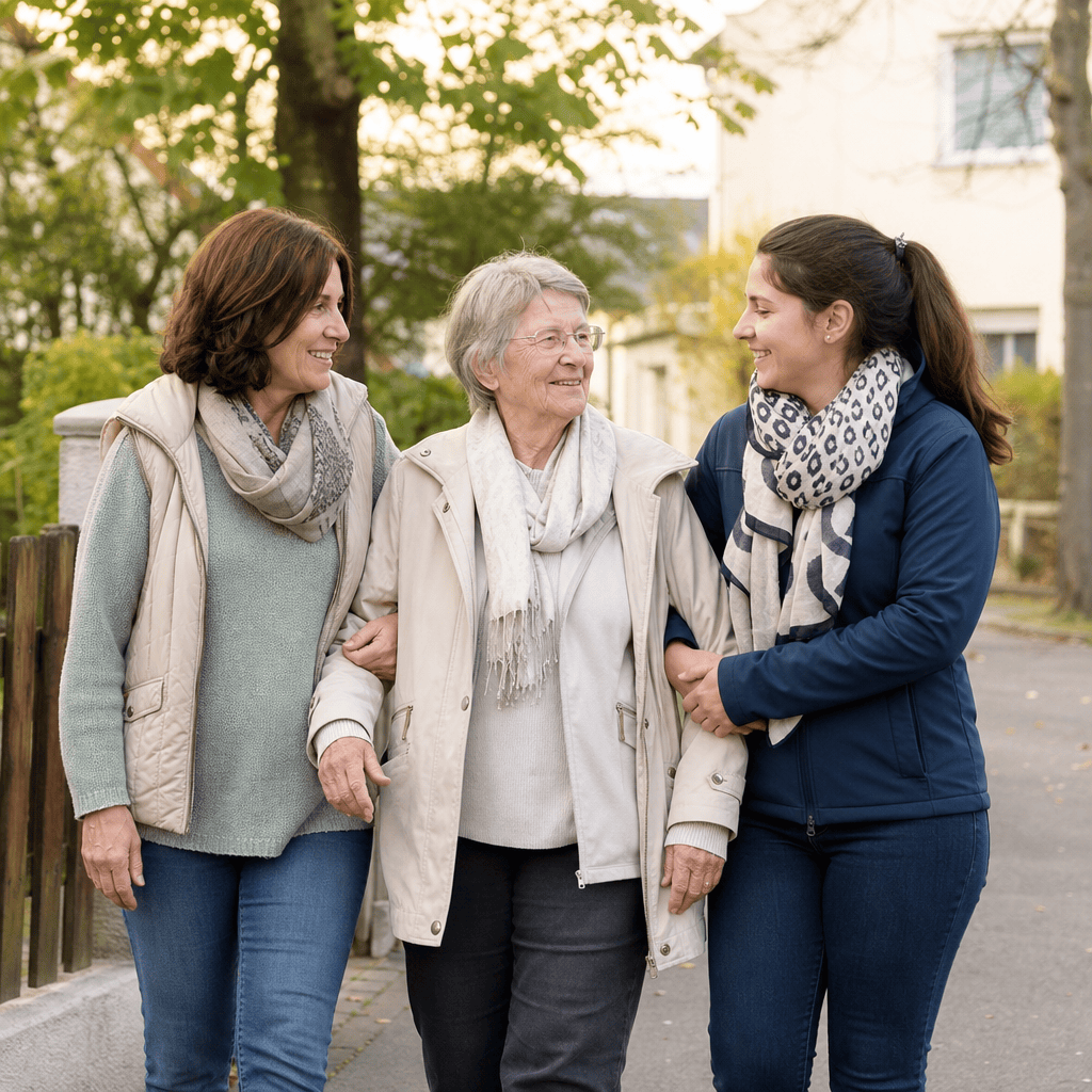 Ältere Frau wird von Tochter und Betreuungskraft bei einem Spaziergang begleitet