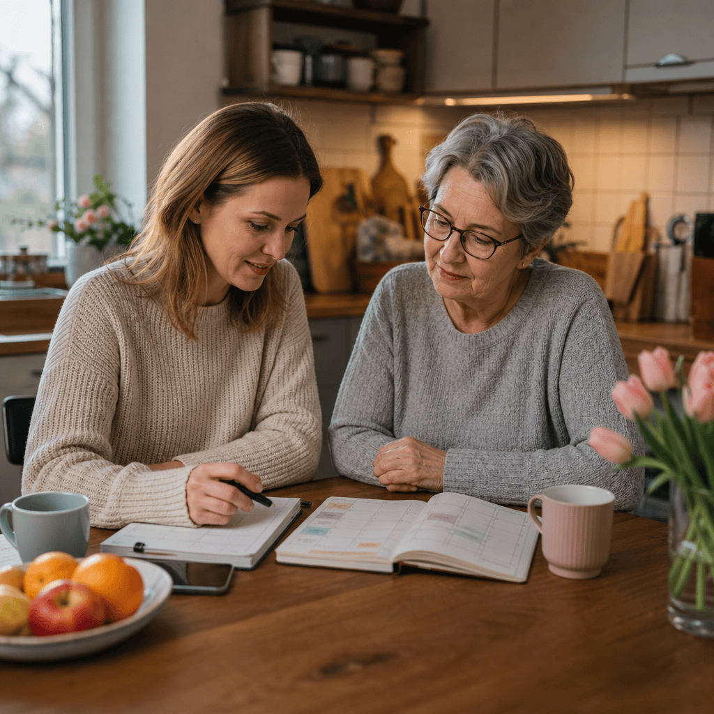 Angehörige und älterer Familienangehöriger planen gemeinsam den Betreuungsalltag am Küchentisch.