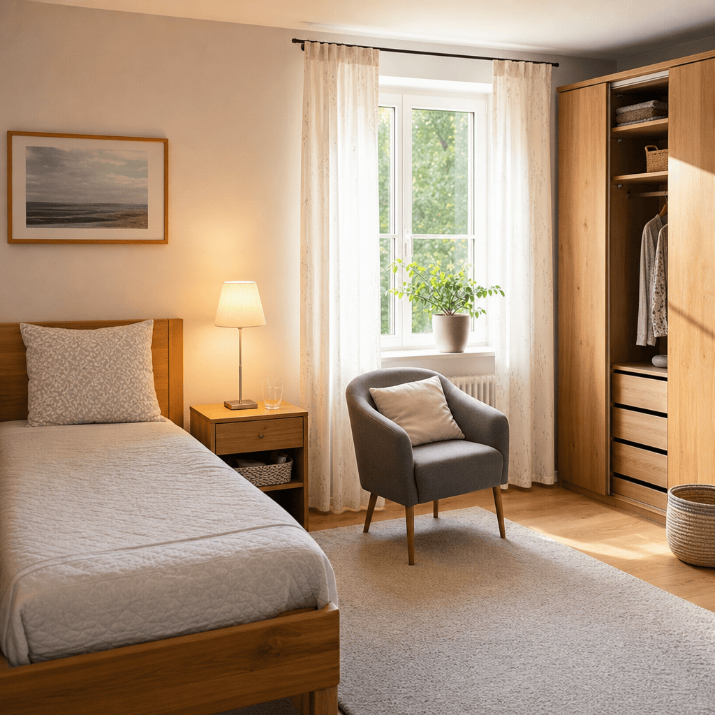 Helles vorbereitetes Zimmer mit Bett und Stauraum für eine im Haushalt wohnende Betreuungskraft.