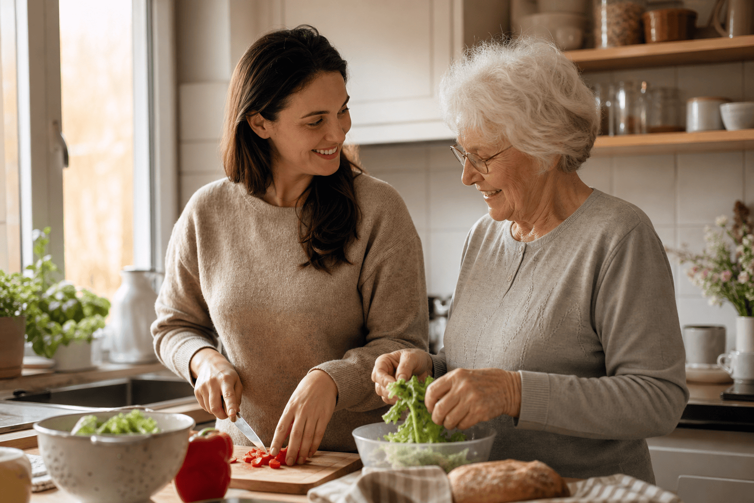 Betreuungskraft unterstützt eine ältere Person beim Vorbereiten einer Mahlzeit.