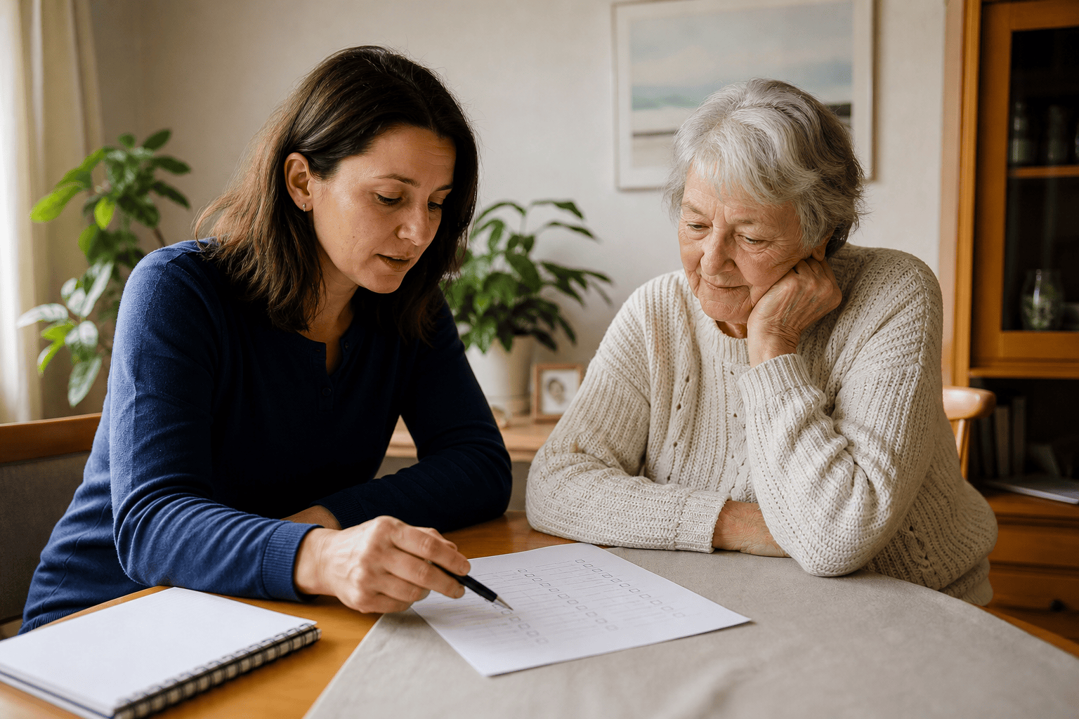 Angehörige und ältere Person besprechen eine Checkliste für die Betreuung zu Hause.