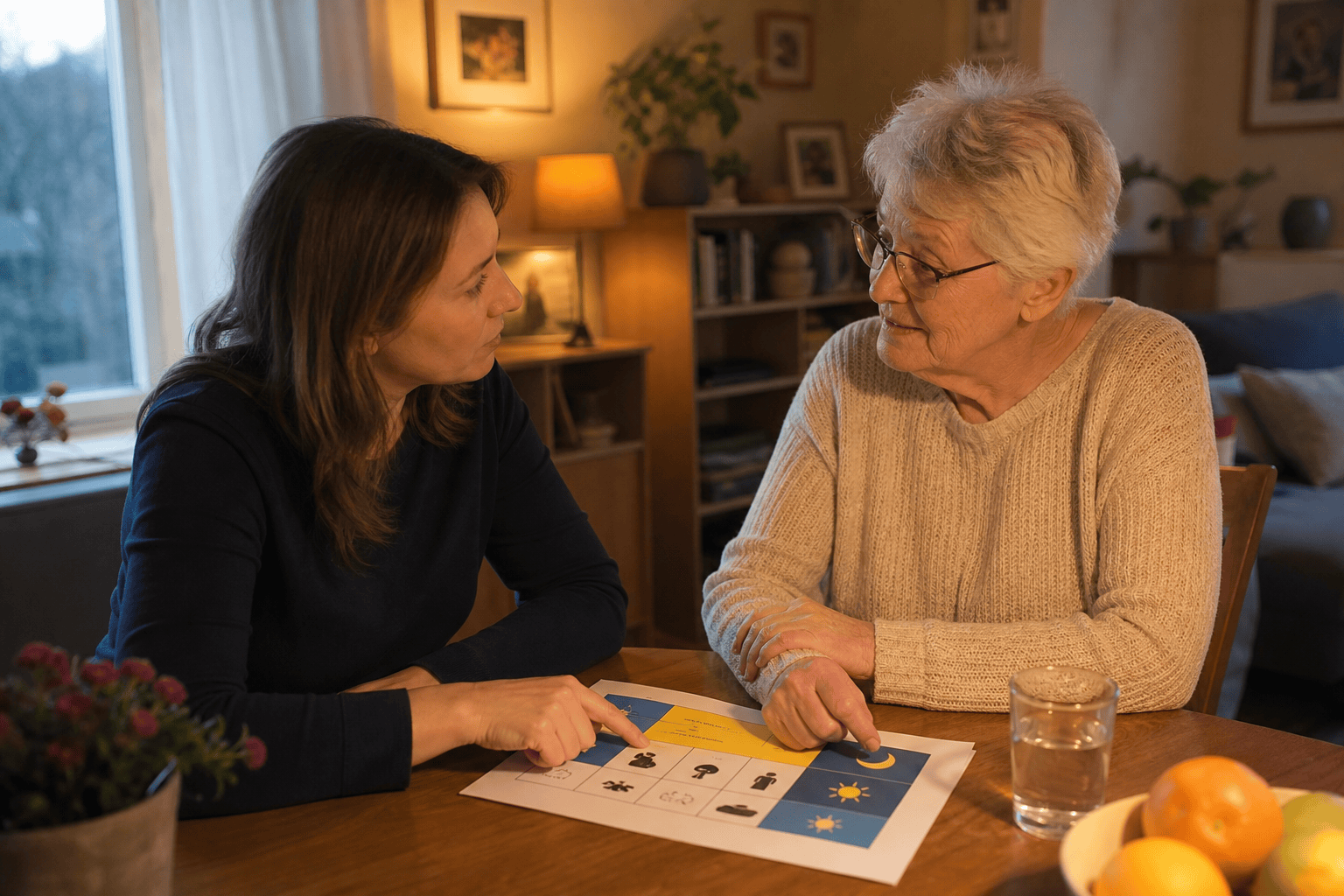 Angehörige und ältere Person besprechen einen realistischen Tages- und Nachtplan.