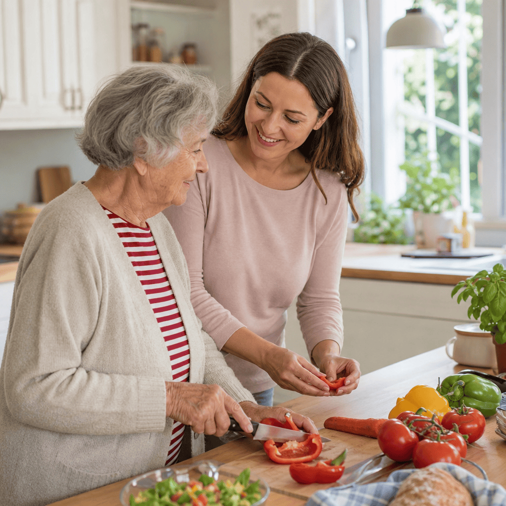 Ältere Person und Betreuungskraft bereiten gemeinsam eine Mahlzeit in der Wohnküche zu.