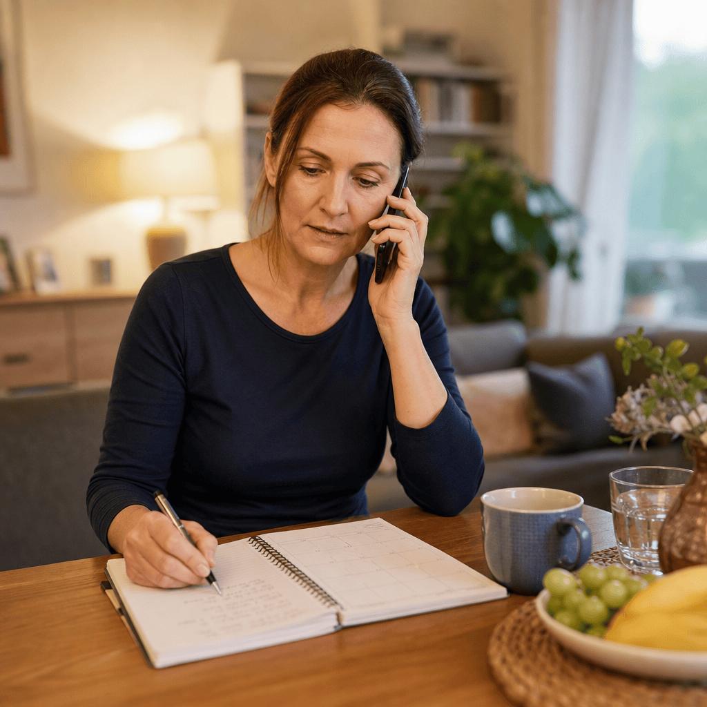 Angehörige organisiert am Esstisch telefonisch die Unterstützung für die Betreuung zu Hause.