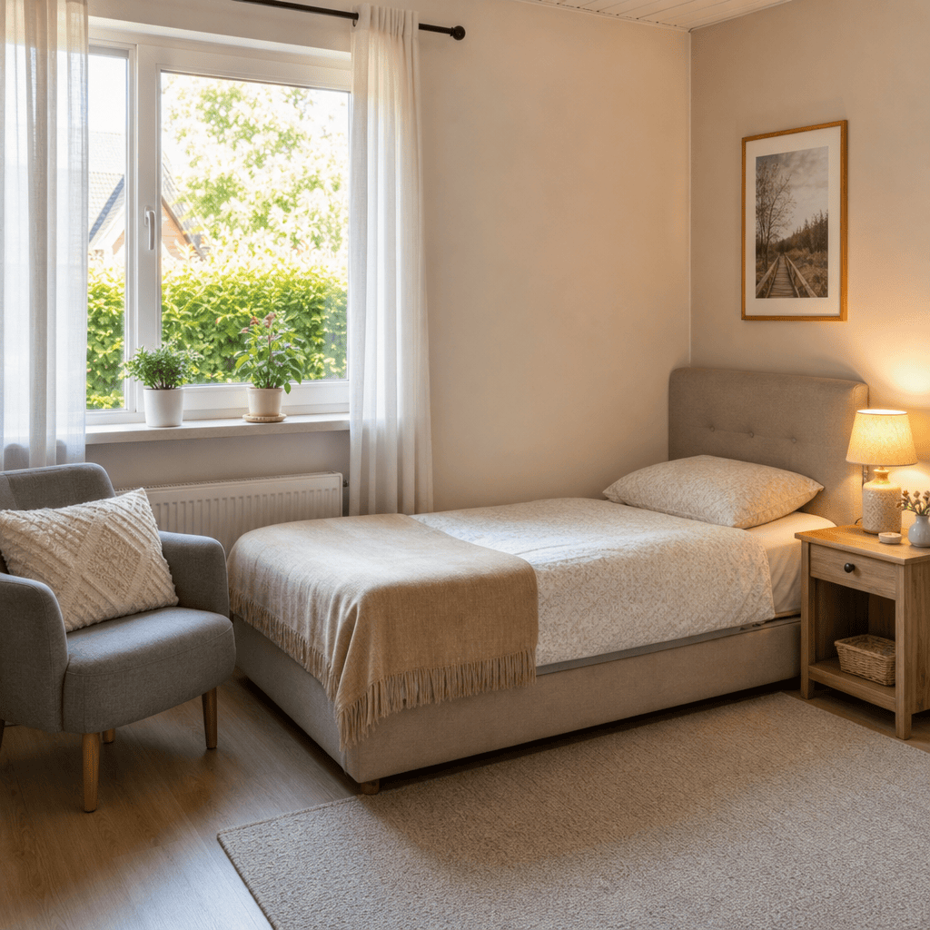 Helles Gästezimmer als privater Rückzugsort für eine im Haushalt lebende Betreuungskraft.