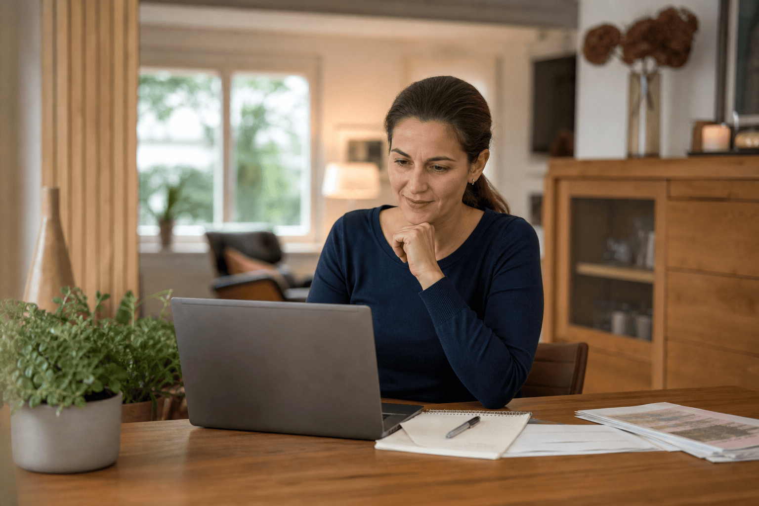 Angehörige nutzt einen Laptop für einen digitalen Pflegekurs.