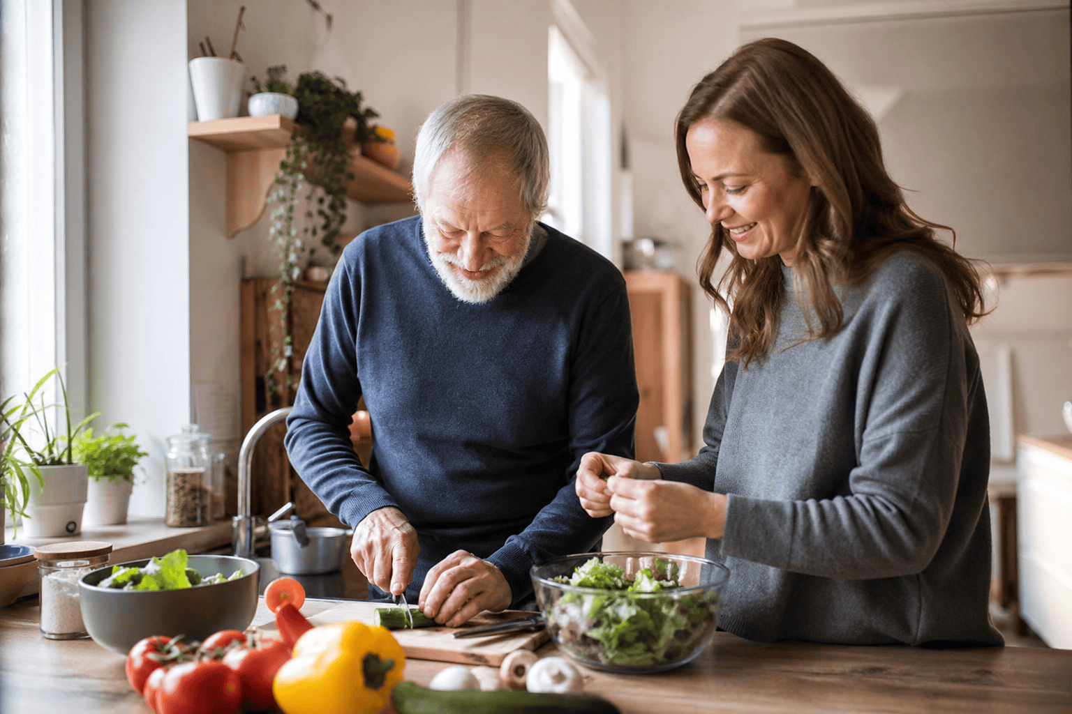 Eine Tochter unterstützt ihren älteren Vater beim Zubereiten einer Mahlzeit zu Hause.
