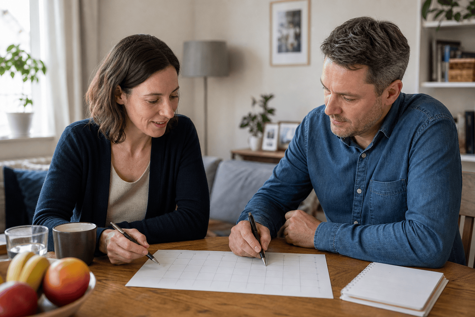 Zwei Angehörige stimmen einen Wochenplan für die Pflegeaufgaben ab.