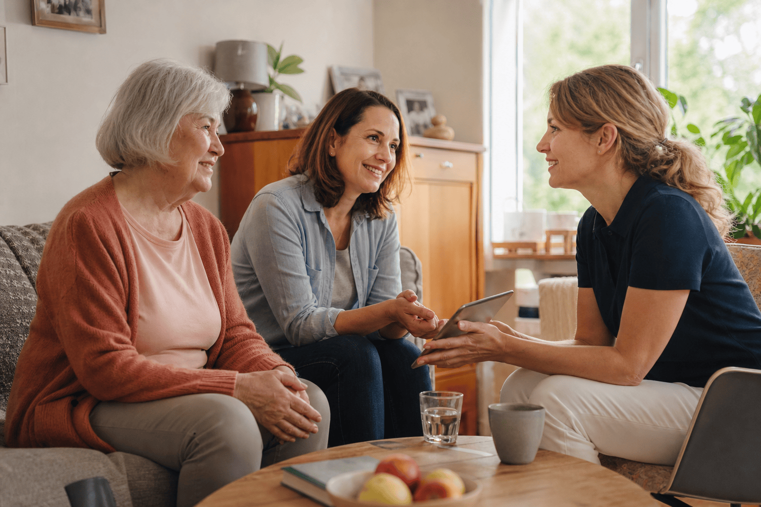 Eine ältere Person und ein Angehöriger besprechen mit einer Betreuungskraft Unterstützung im Alltag.