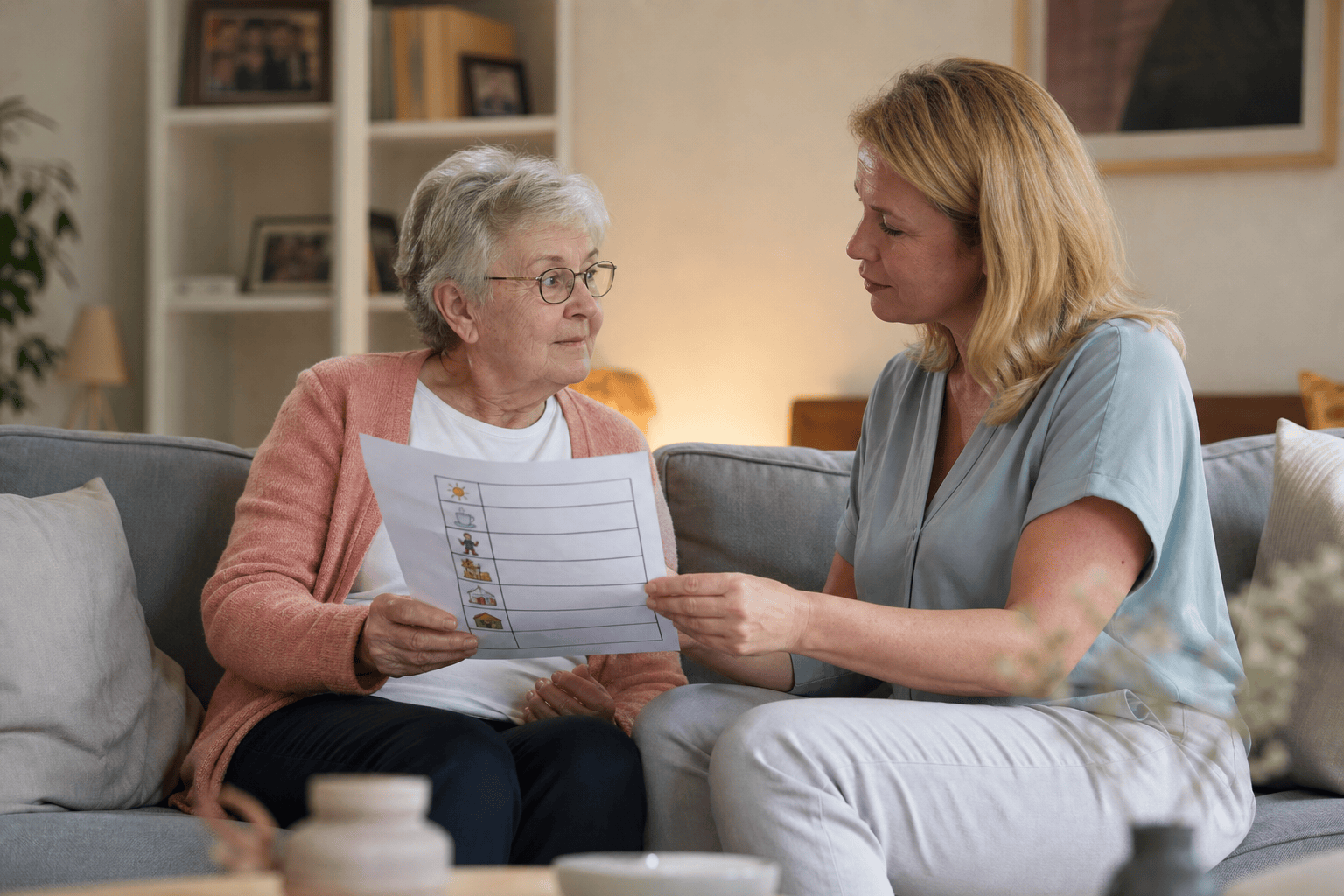 Ältere Person und Angehörige besprechen einen Tagesablauf zu Hause.