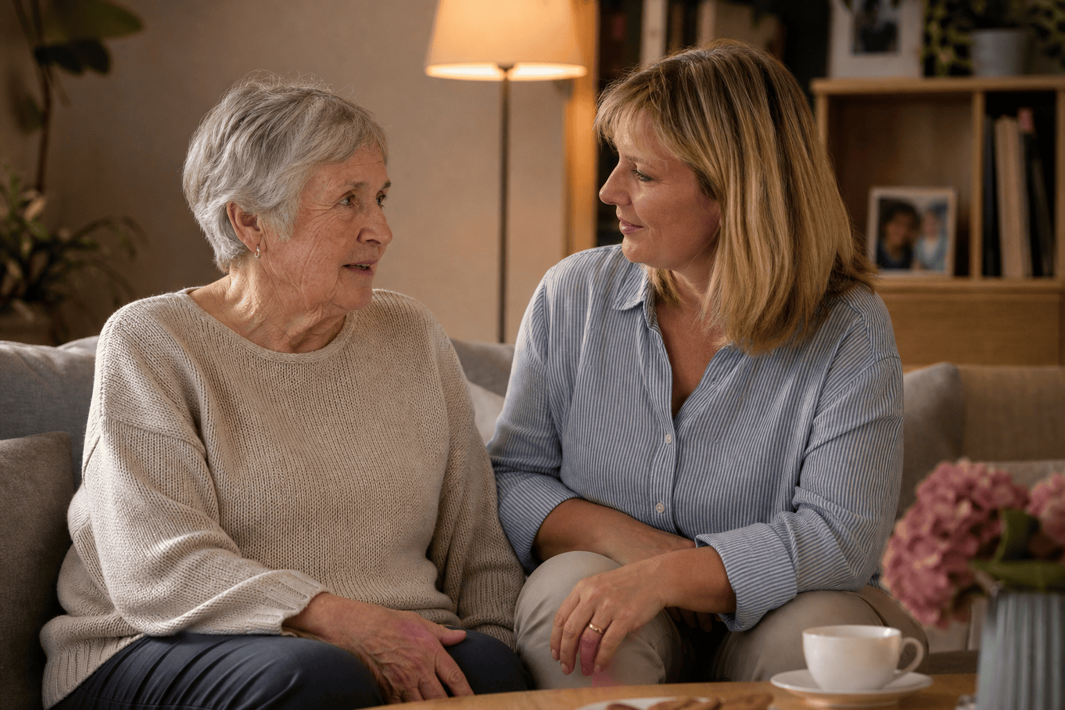 Ältere Person und Angehöriger besprechen den Unterstützungsalltag