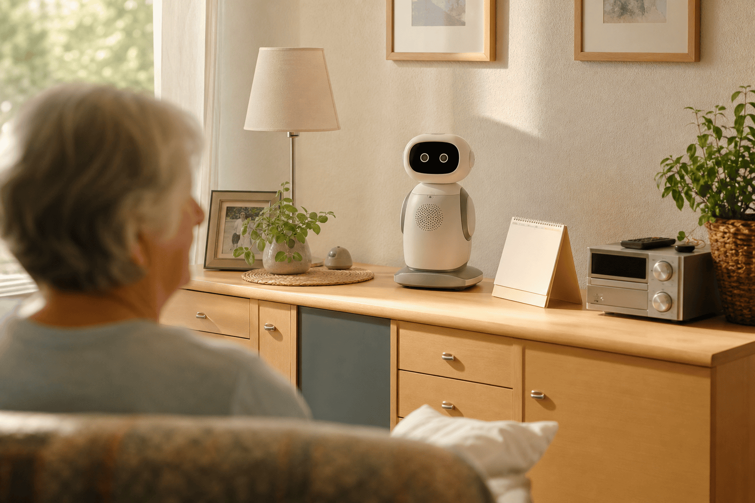 Sozialer Roboter als technische Alltagshilfe in einem Wohnzimmer