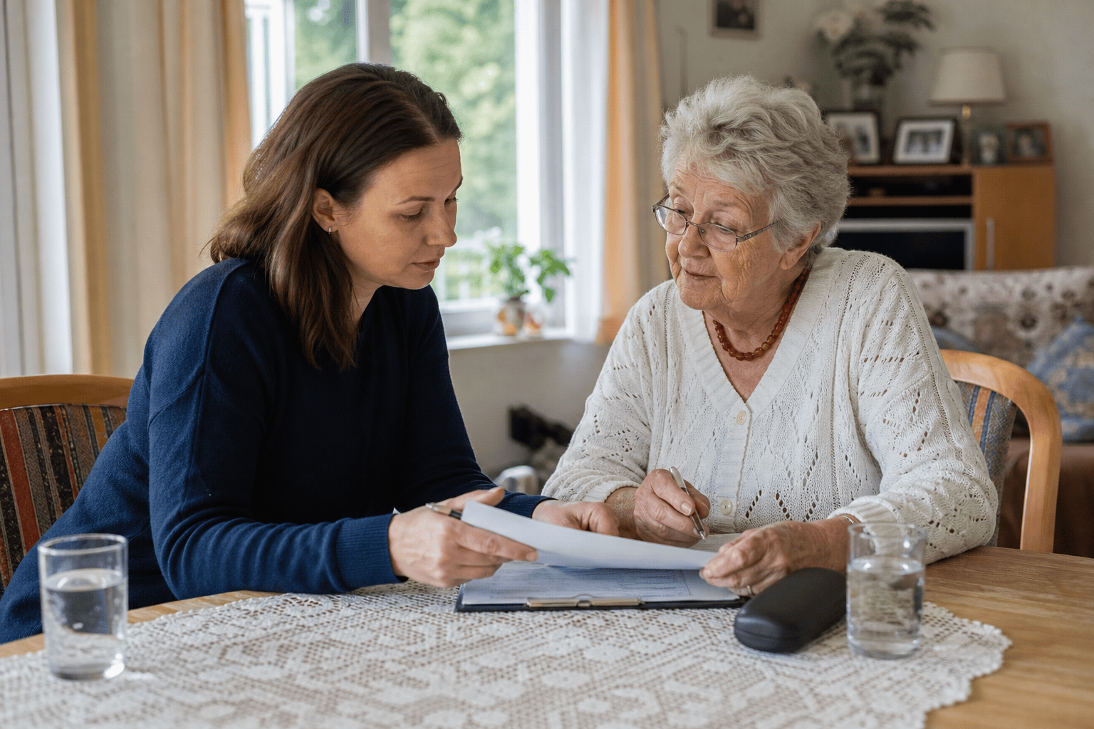 Ältere Person und Angehöriger prüfen gemeinsam einen Leistungsplan für die häusliche Pflege.