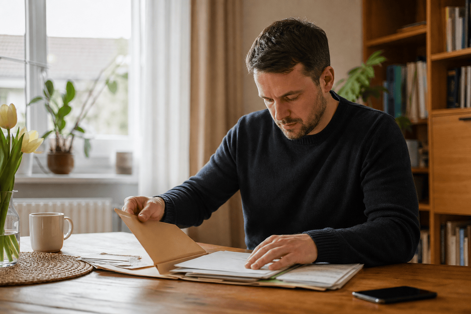 Angehöriger sortiert Unterlagen und Notizen für eine Pflegeberatung.