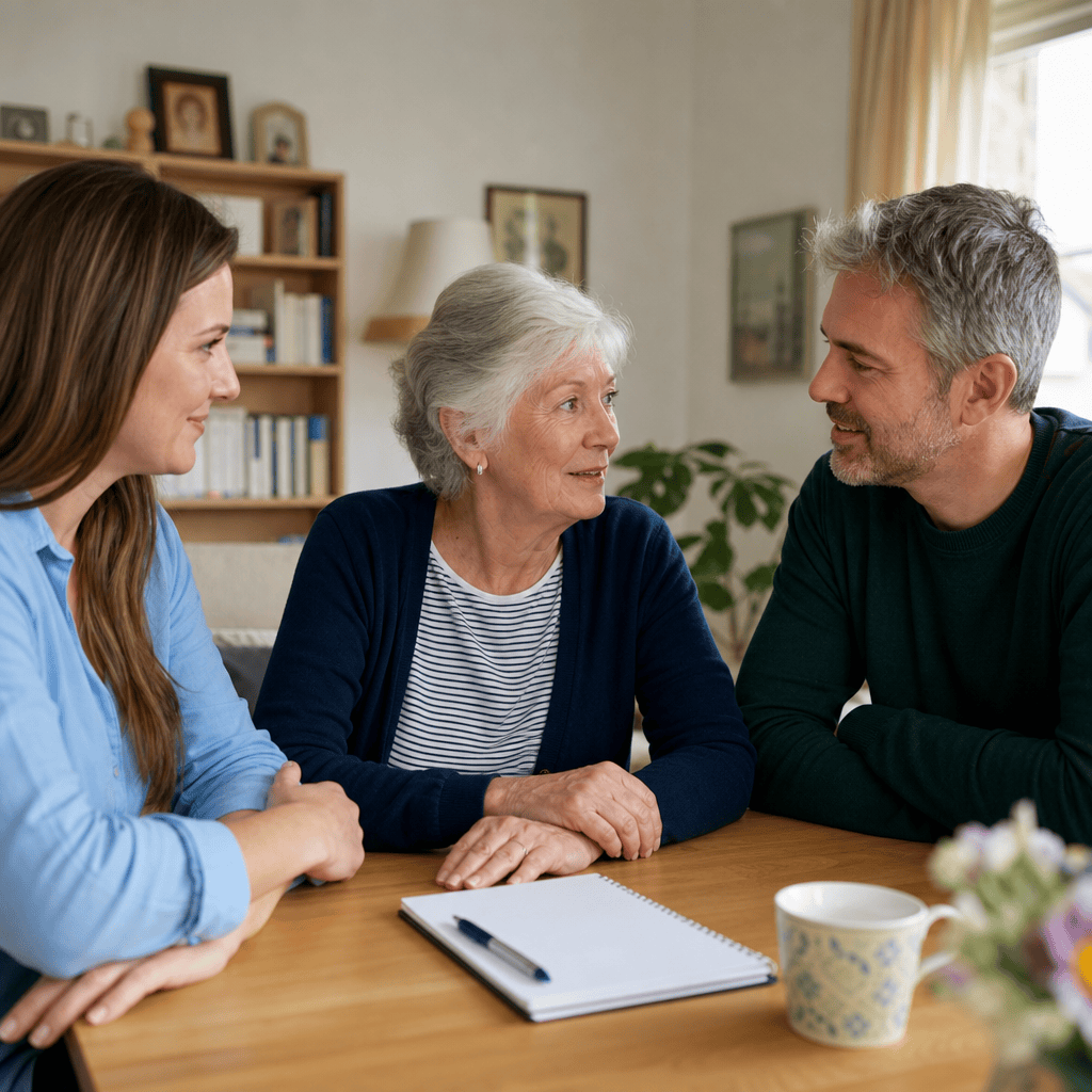 Familie bespricht gemeinsam die Organisation von Unterstützung zu Hause