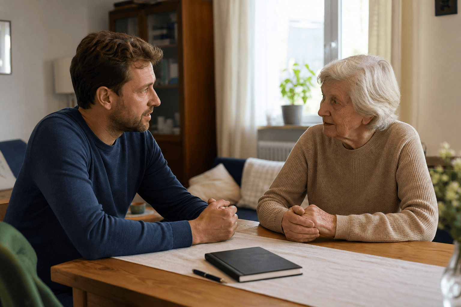Ältere Person und Angehöriger besprechen den Unterstützungsbedarf im Alltag
