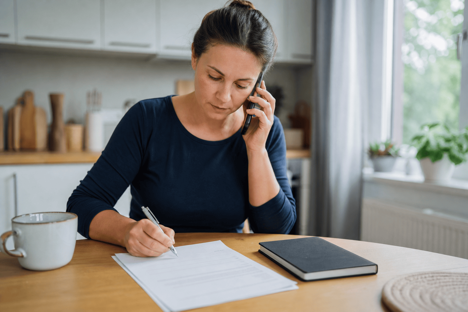 Angehörige notiert beim Telefonat Angaben für einen Antrag bei der Pflegekasse.
