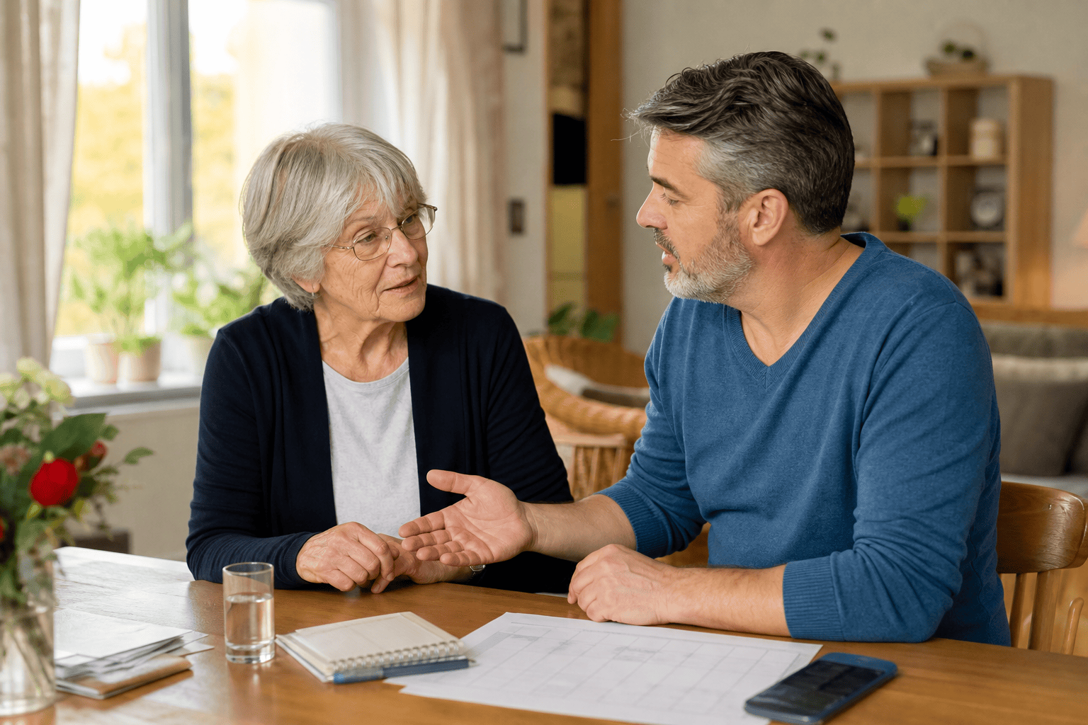 Ältere Person und Angehöriger besprechen Unterstützung für den Alltag zu Hause.