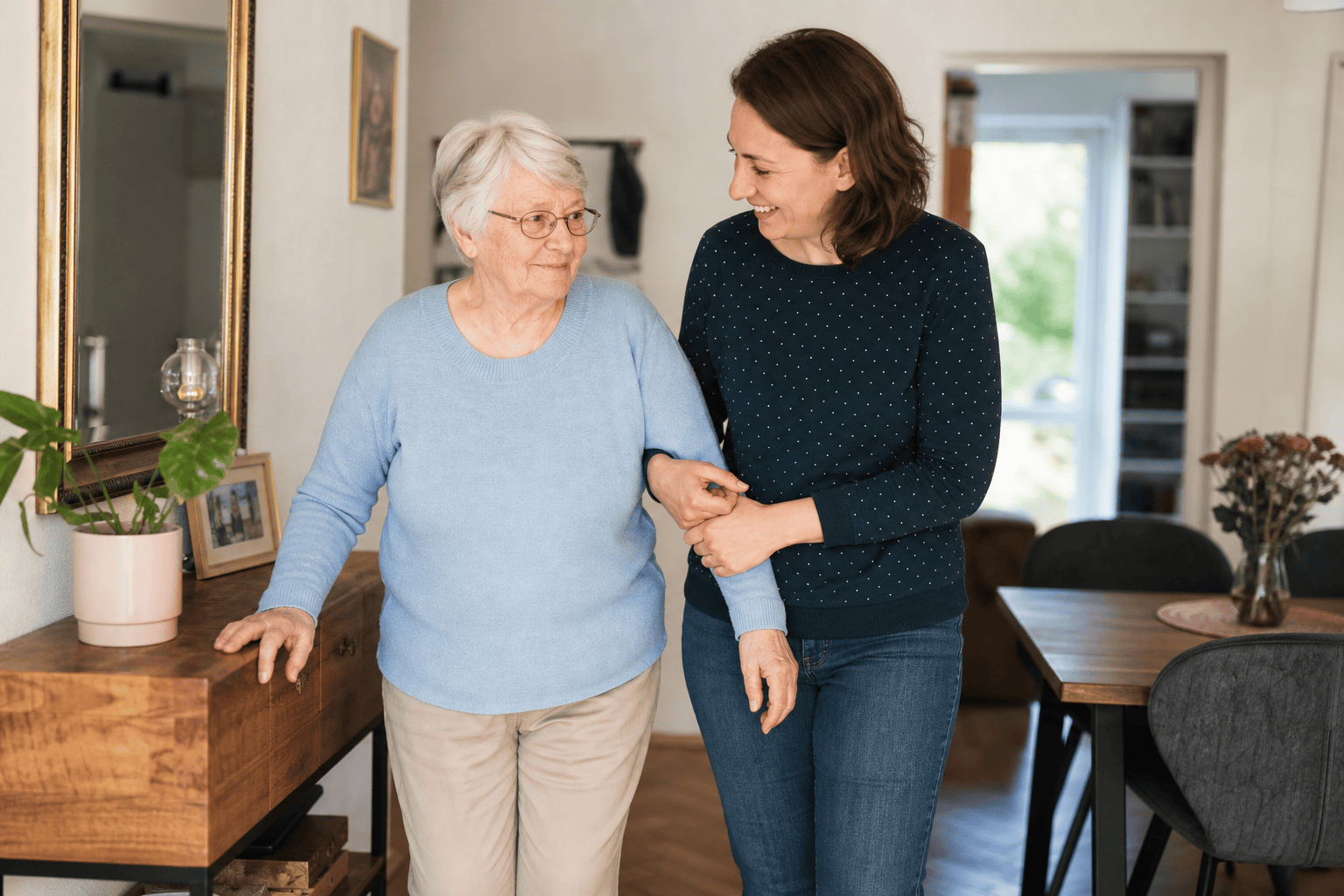 Ältere Person und Angehörige im gemeinsamen Alltag zu Hause.