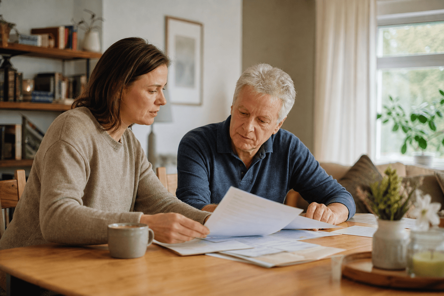 Angehörige ordnet Unterlagen zu Pflegeleistungen zu Hause.