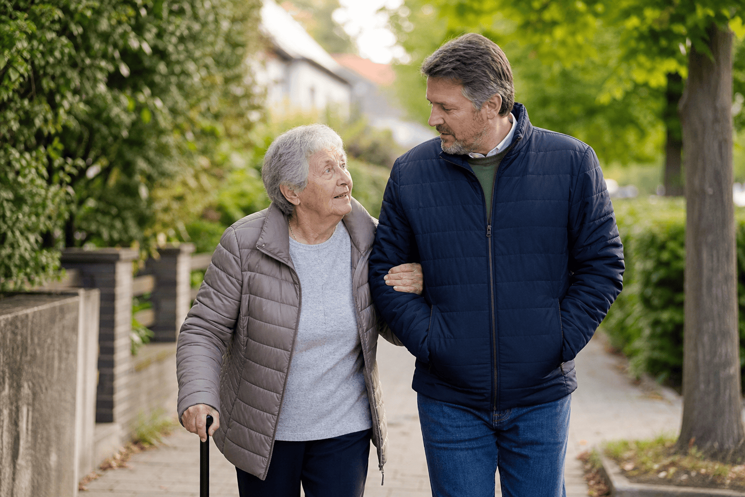 Ältere Person und Angehörige gestalten den Alltag während der Pflegezeit gemeinsam.