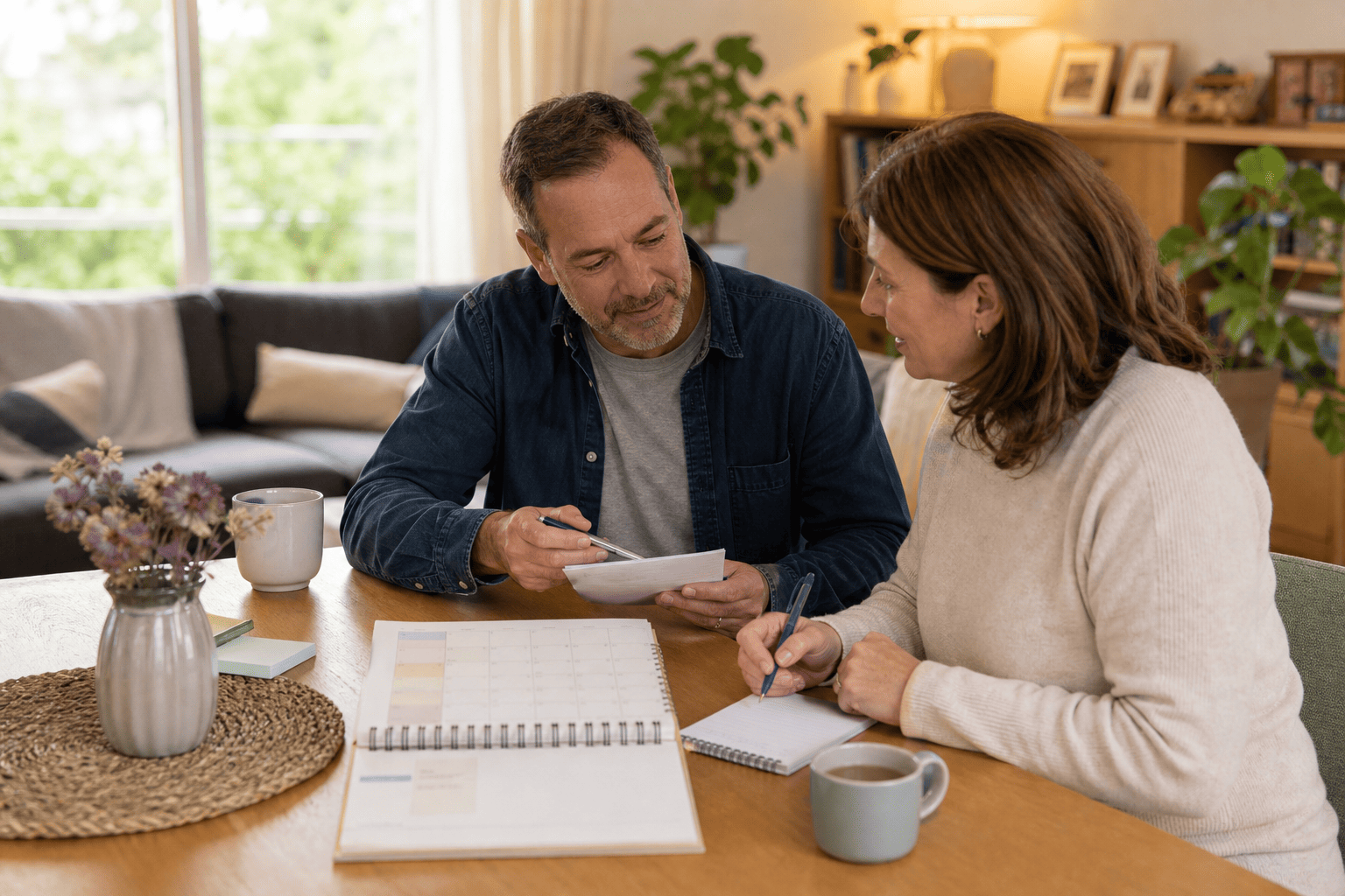 Familienmitglieder planen die Aufgabenverteilung während der Pflegezeit.