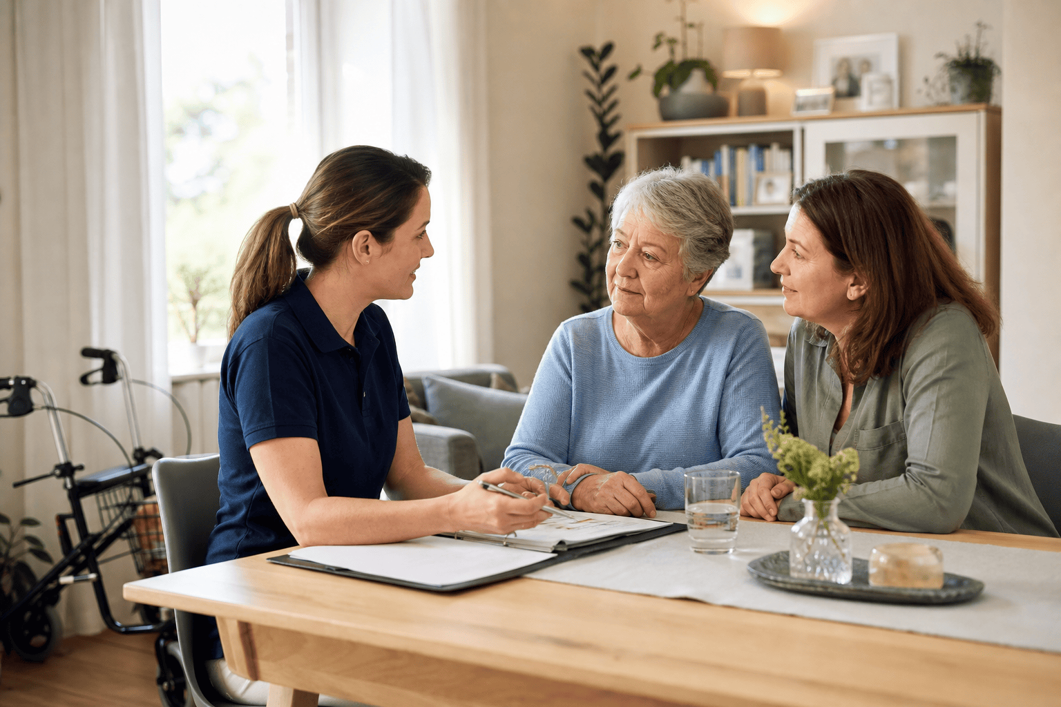 Physiotherapeutin bespricht einen Hausbesuch mit einer älteren Person und einem Angehörigen