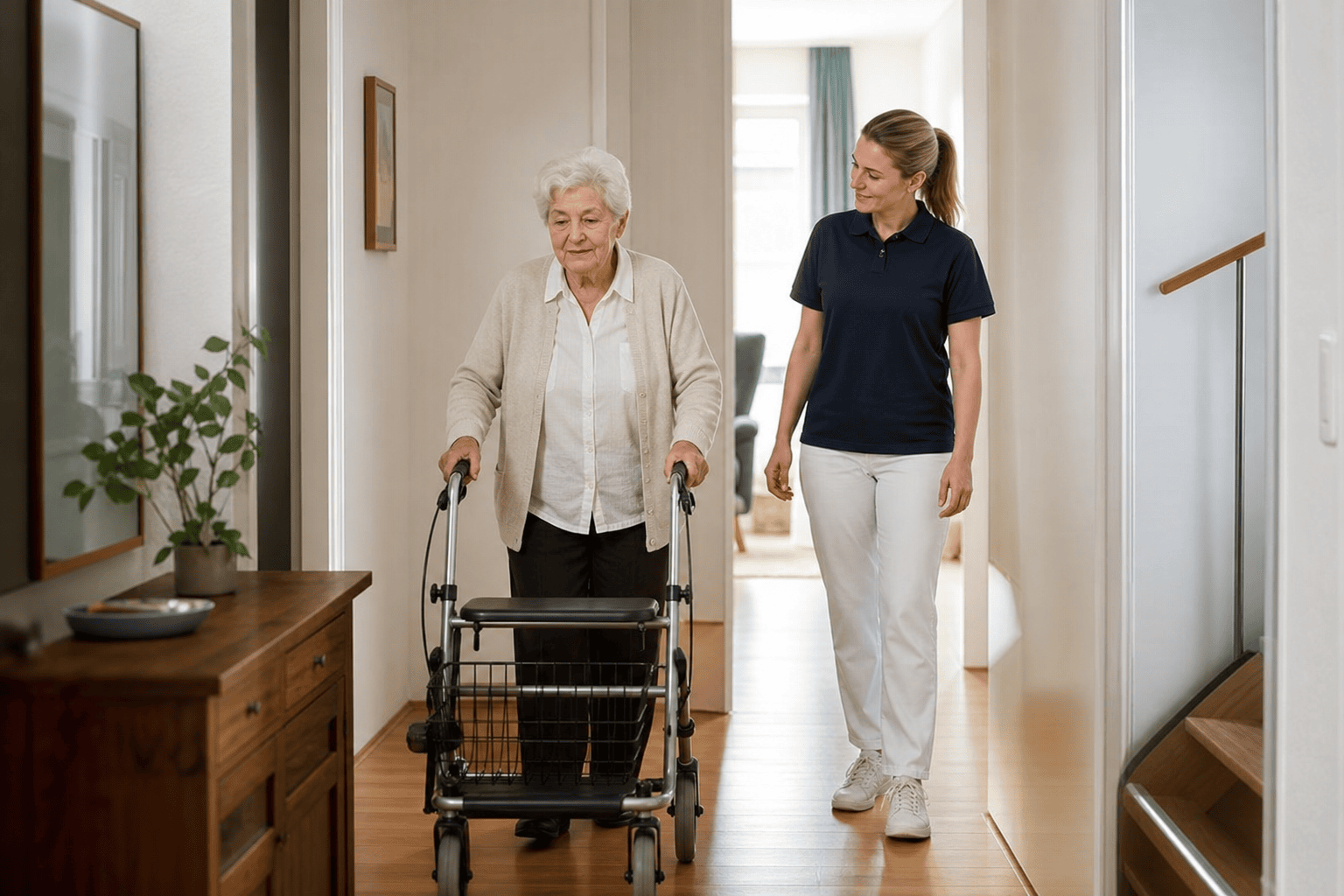 Ältere Person geht mit Rollator im Wohnungsflur bei einem physiotherapeutischen Hausbesuch