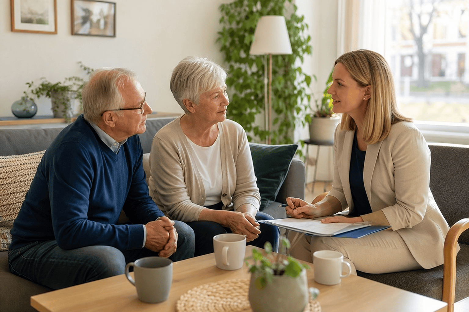 Angehörige und ältere Person besprechen die Organisation der Unterstützung zu Hause.