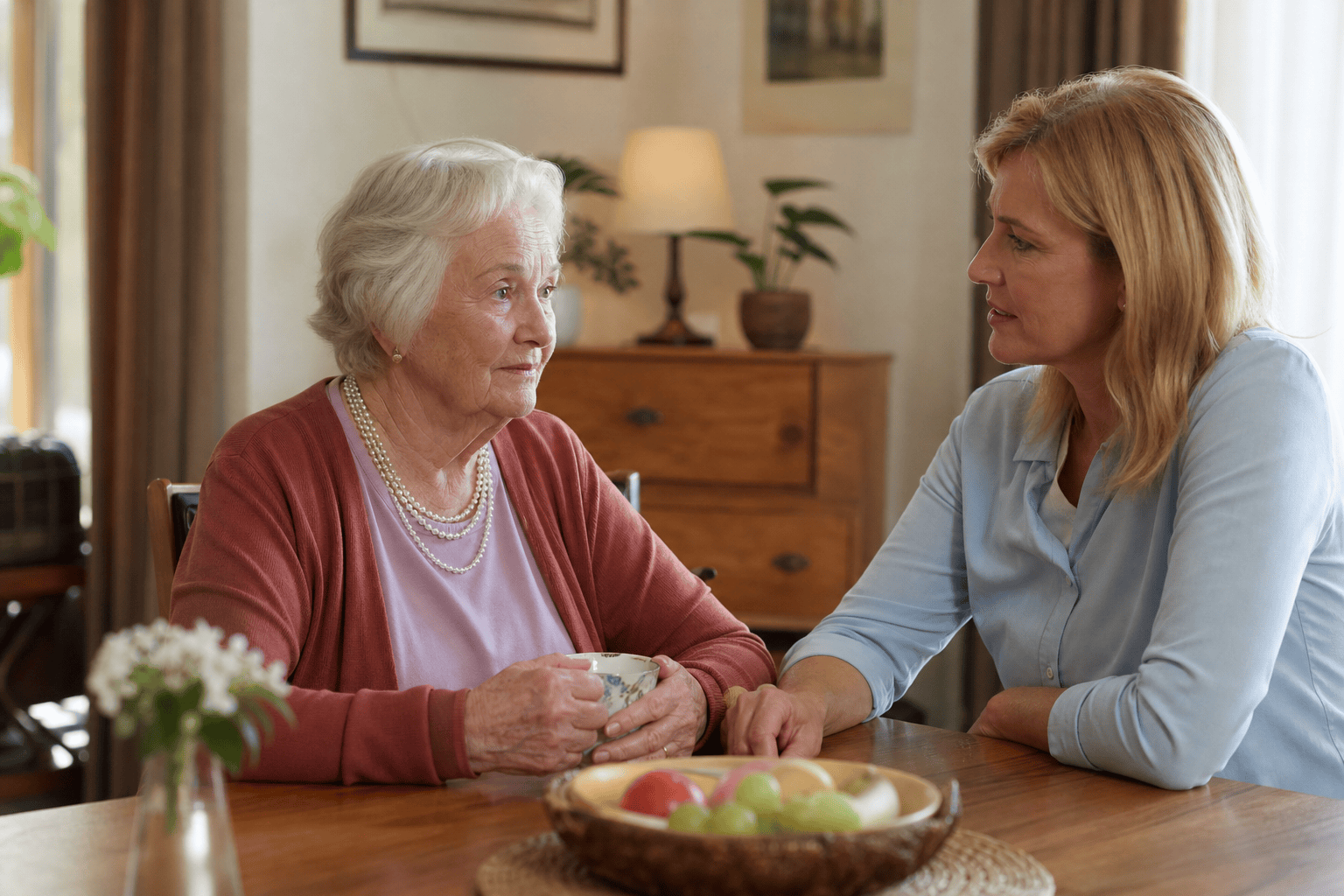 Ältere Person und Angehörige besprechen Unterstützung im Alltag