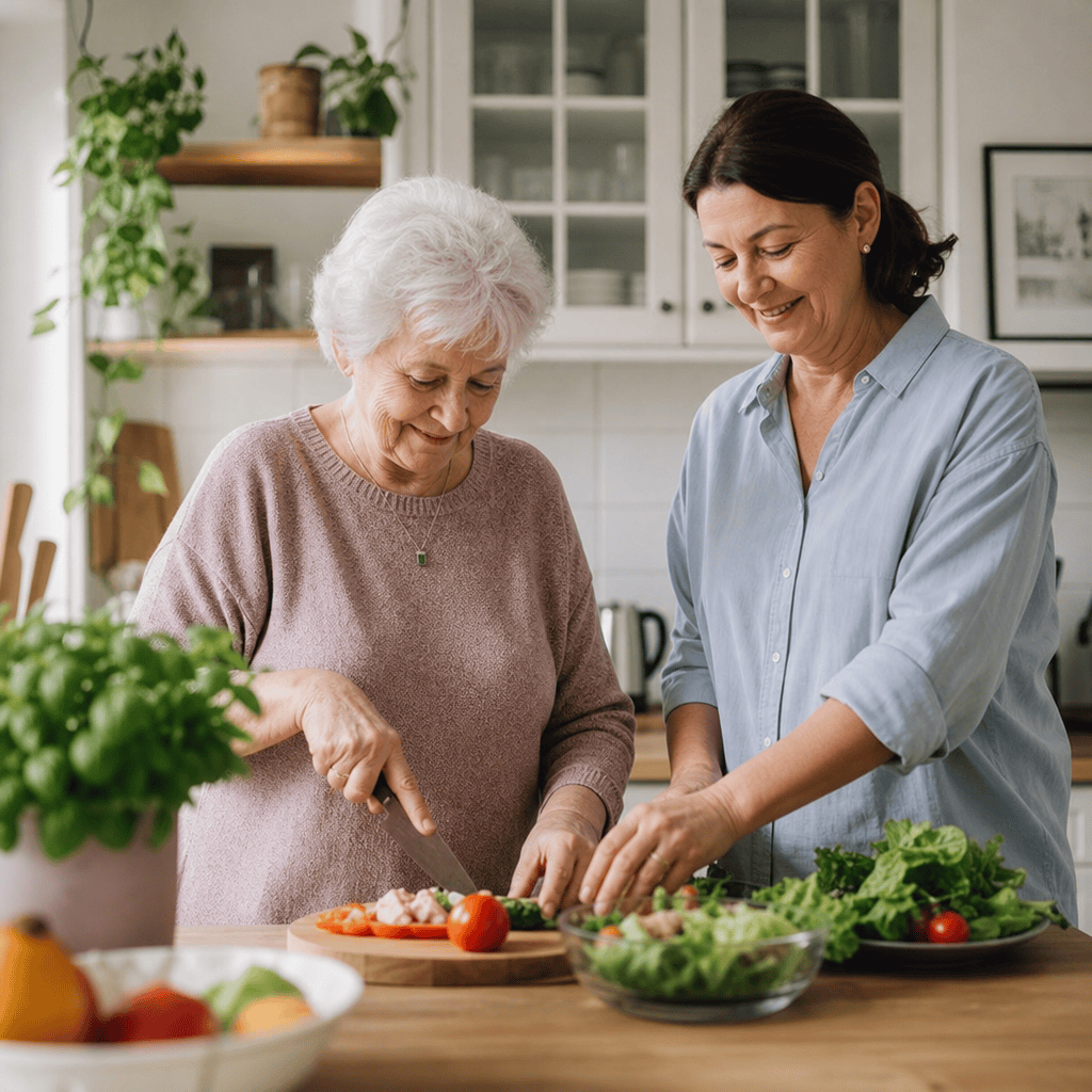 Betreuungskraft unterstützt eine ältere Person beim gemeinsamen Zubereiten einer Mahlzeit.