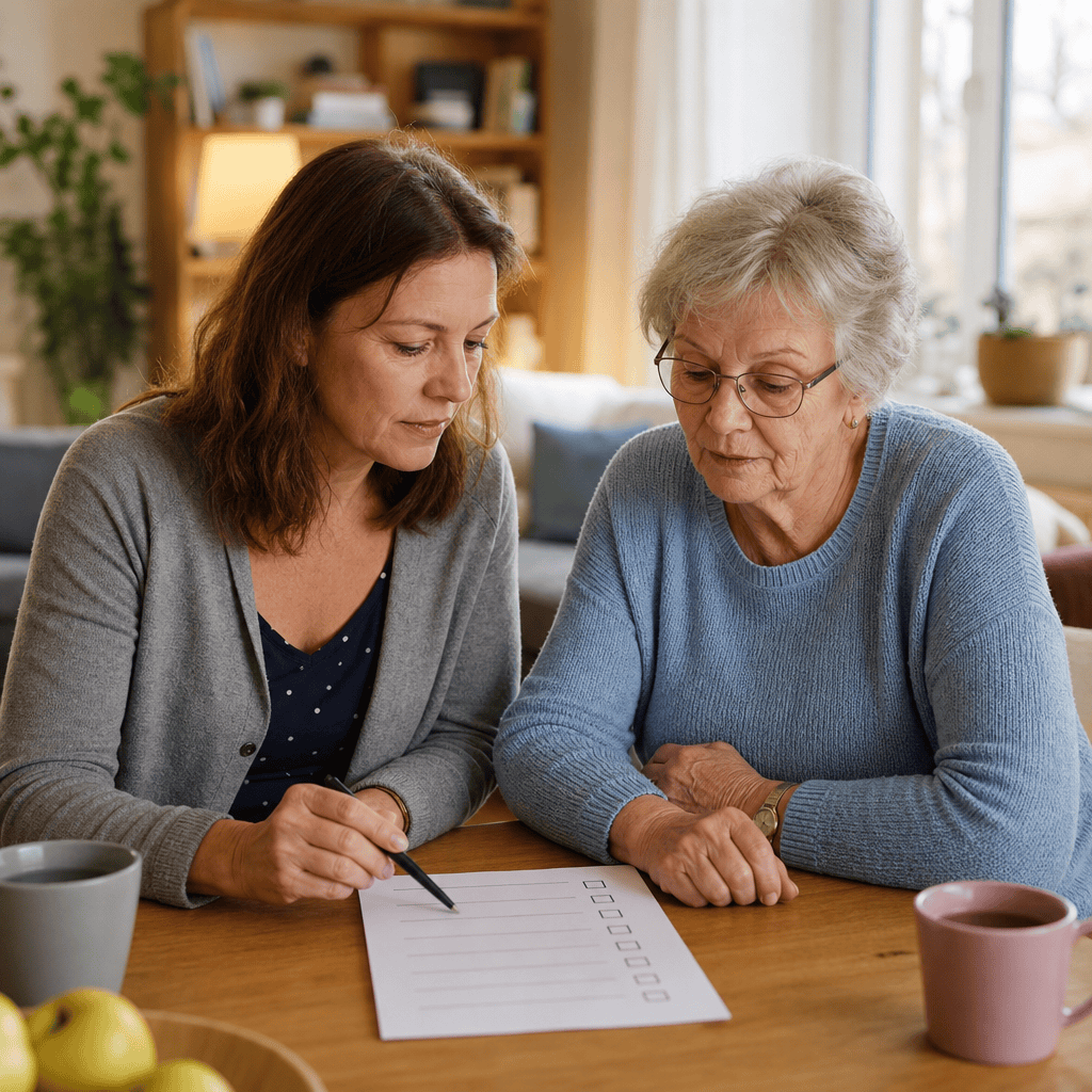 Tochter und ältere Mutter besprechen eine Checkliste zur Organisation häuslicher Betreuung.