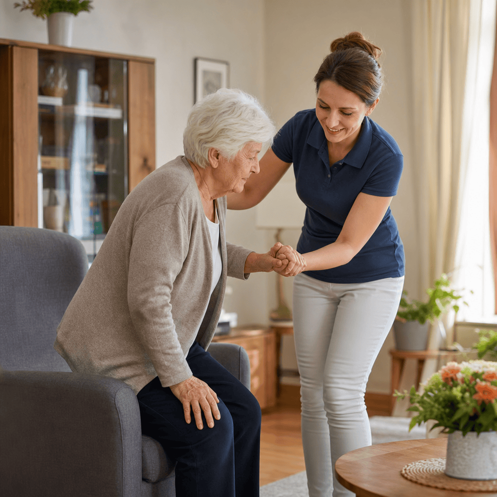 Betreuungskraft unterstützt eine ältere Person im Wohnzimmer beim sicheren Aufstehen vom Sessel.