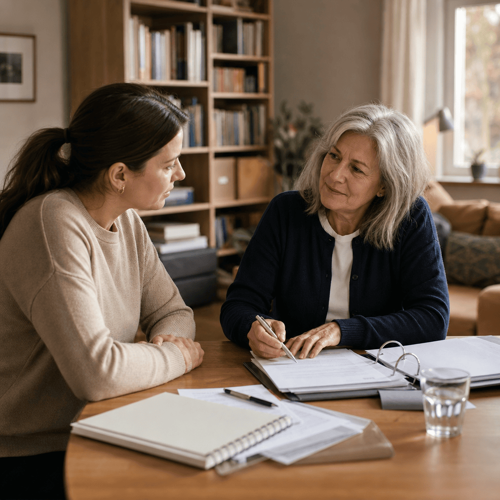 Angehöriger und Beraterperson besprechen Unterlagen zu Betreuung, Vertrag und Organisation an einem Tisch.
